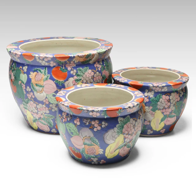 Chinese Porcelain Fruit Motif Fishbowl Planters