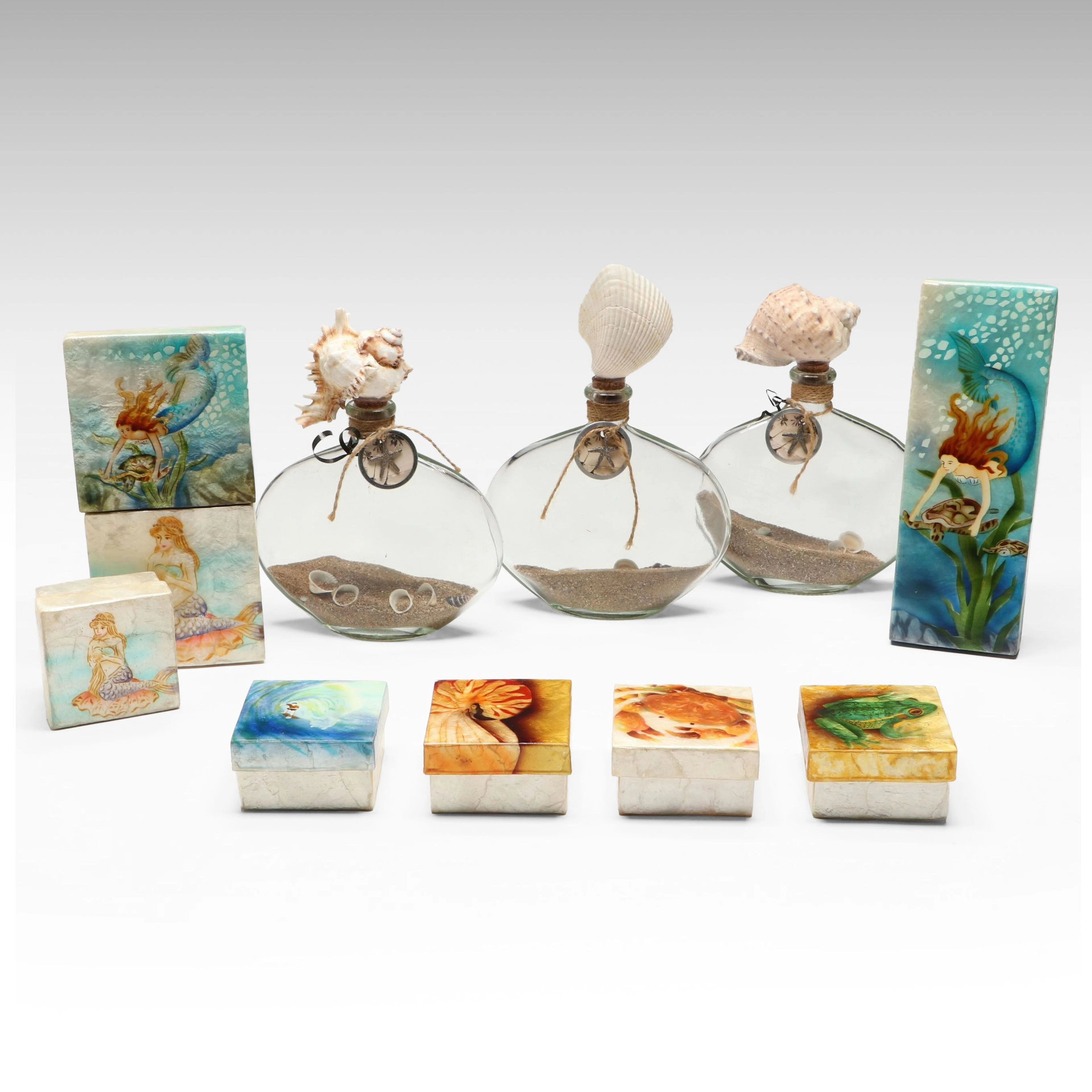 Hand-Painted Capiz Shell Boxes and Glass Shell and Sand Filled Bottles