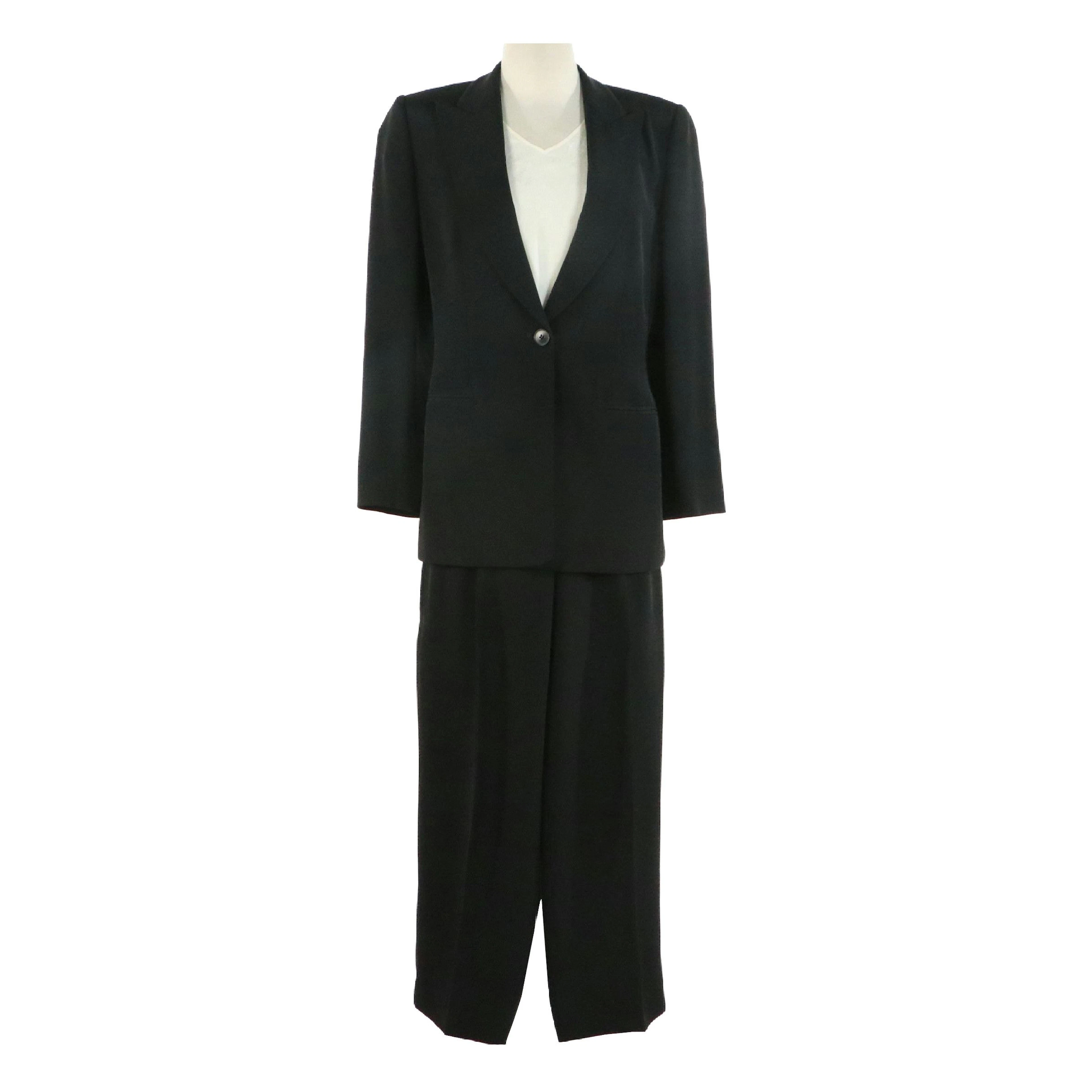 Giorgio Armani Black Silk Two-Piece Suit W/ White Floral Silk Sleeveless Blouse