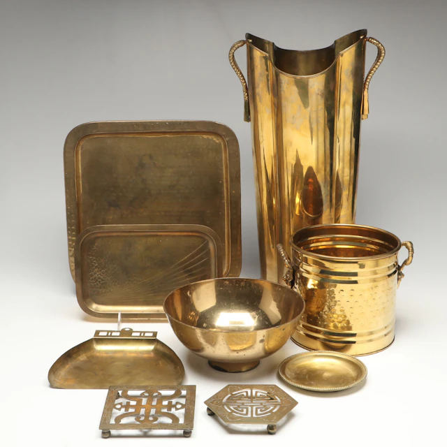 Umbrella Stand, Hammered Bucket, Tray and More Brass Décor