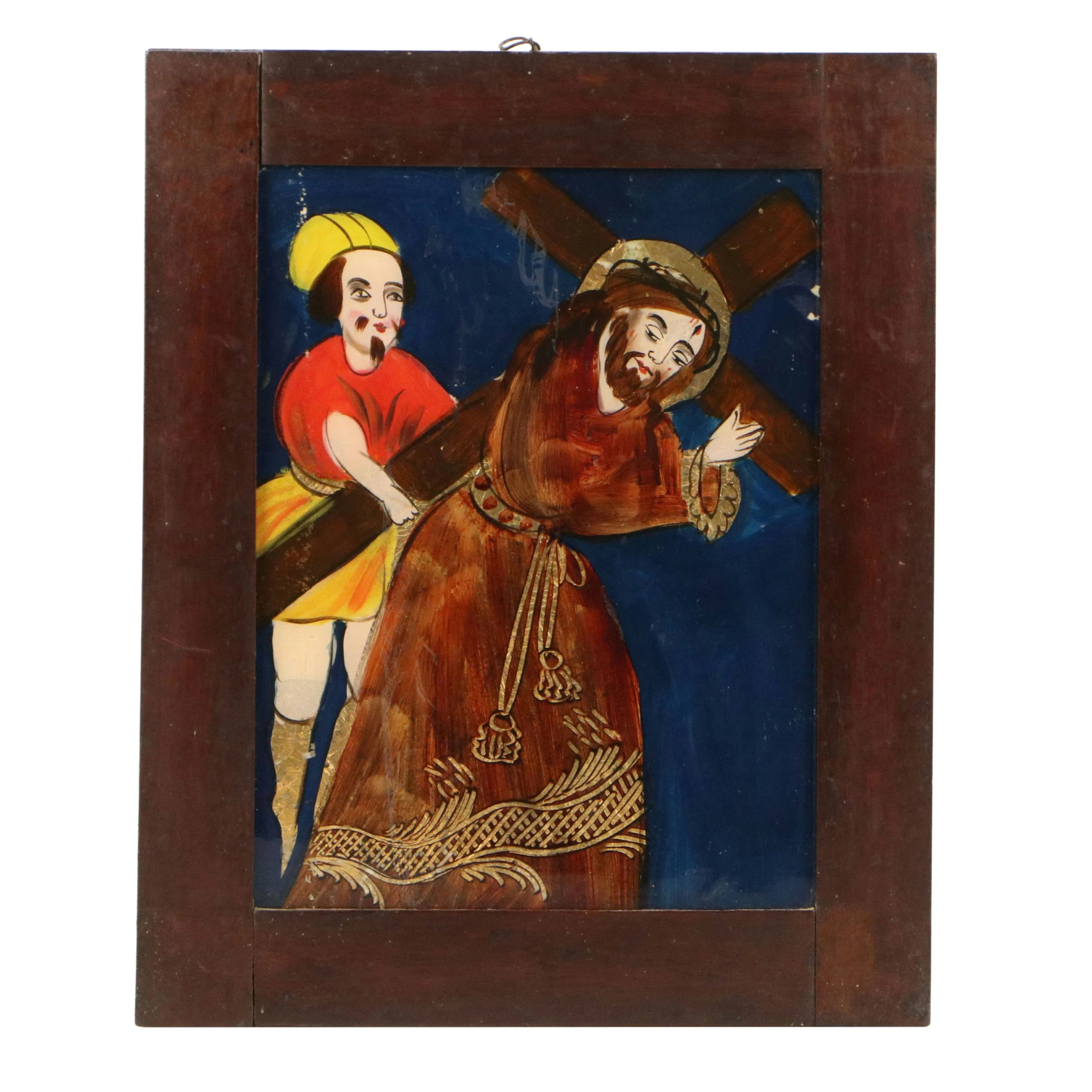 Mexican School Reverse Glass Painting of Jesus Carrying the Cross, Late 19th C.