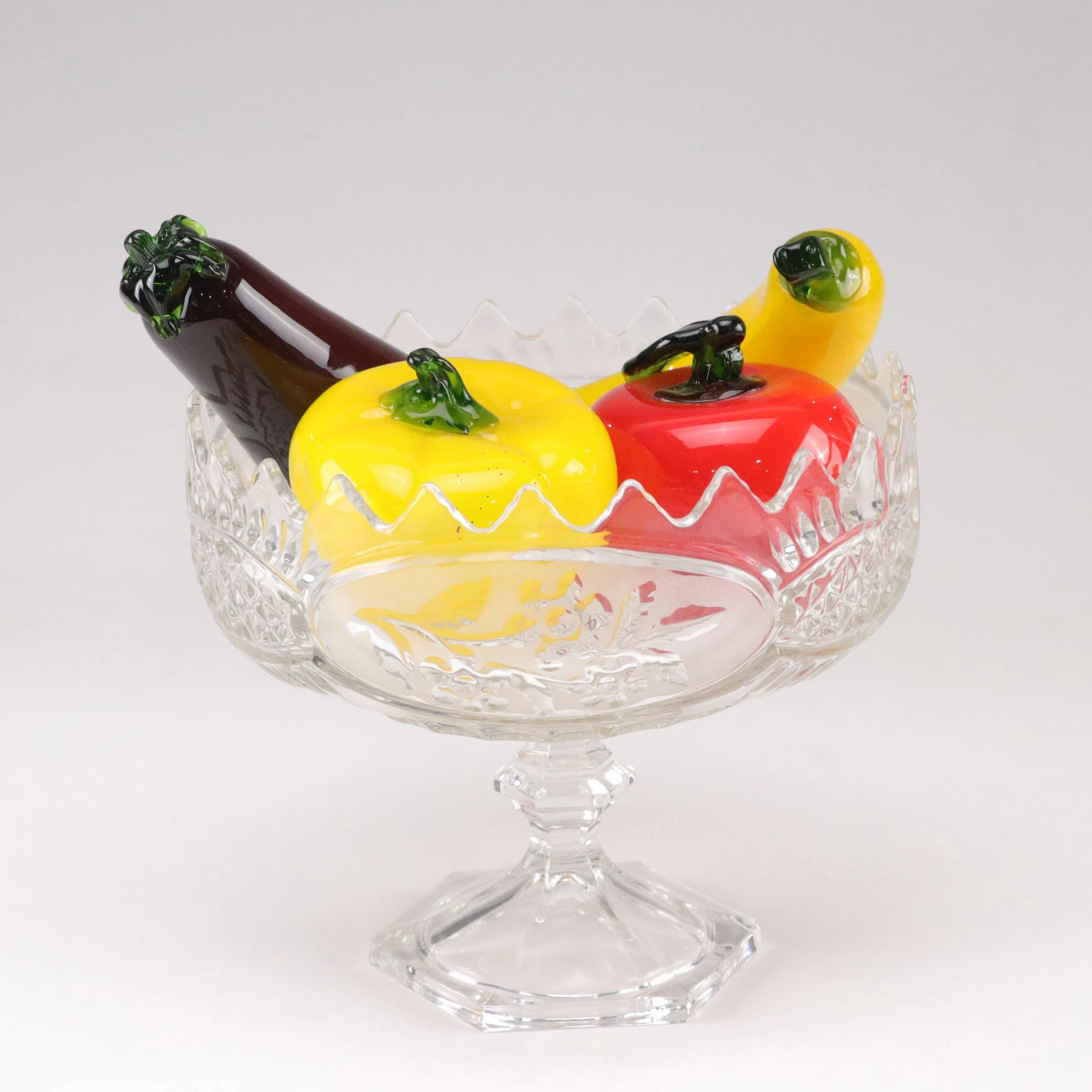 Murano Style Hand Blown Glass Fruit and Vegetables in Cut Crystal Pedestal Bowl