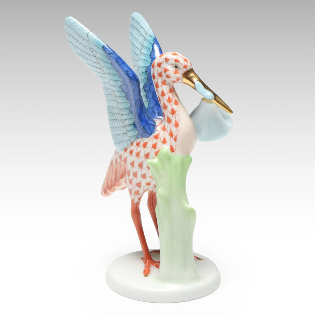Herend Rust Fishnet with Gold "Stork & Baby" Porcelain Figurine