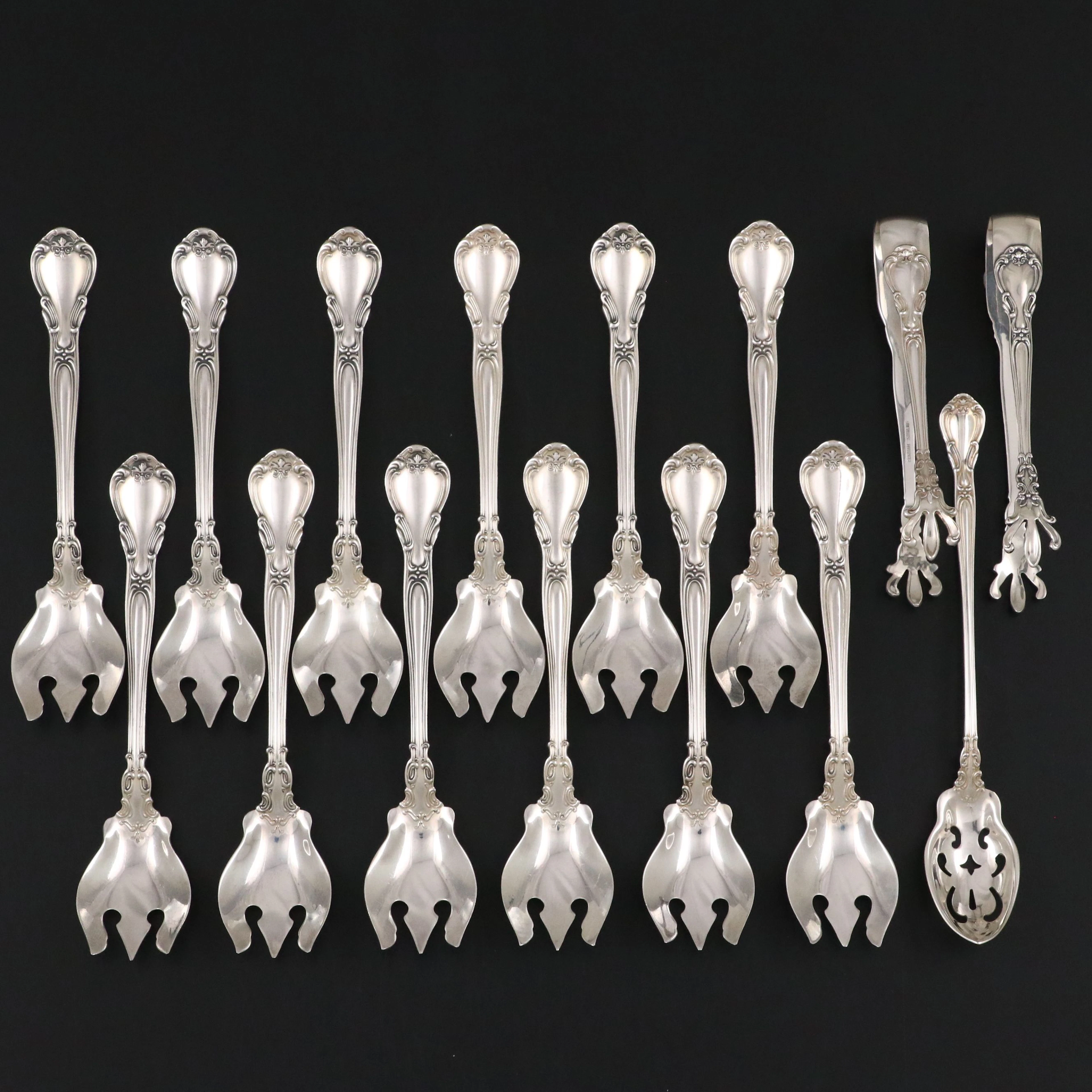 Gorham "Chantilly" Sterling Silver Ice Cream Spoons, Sugar Tongs and