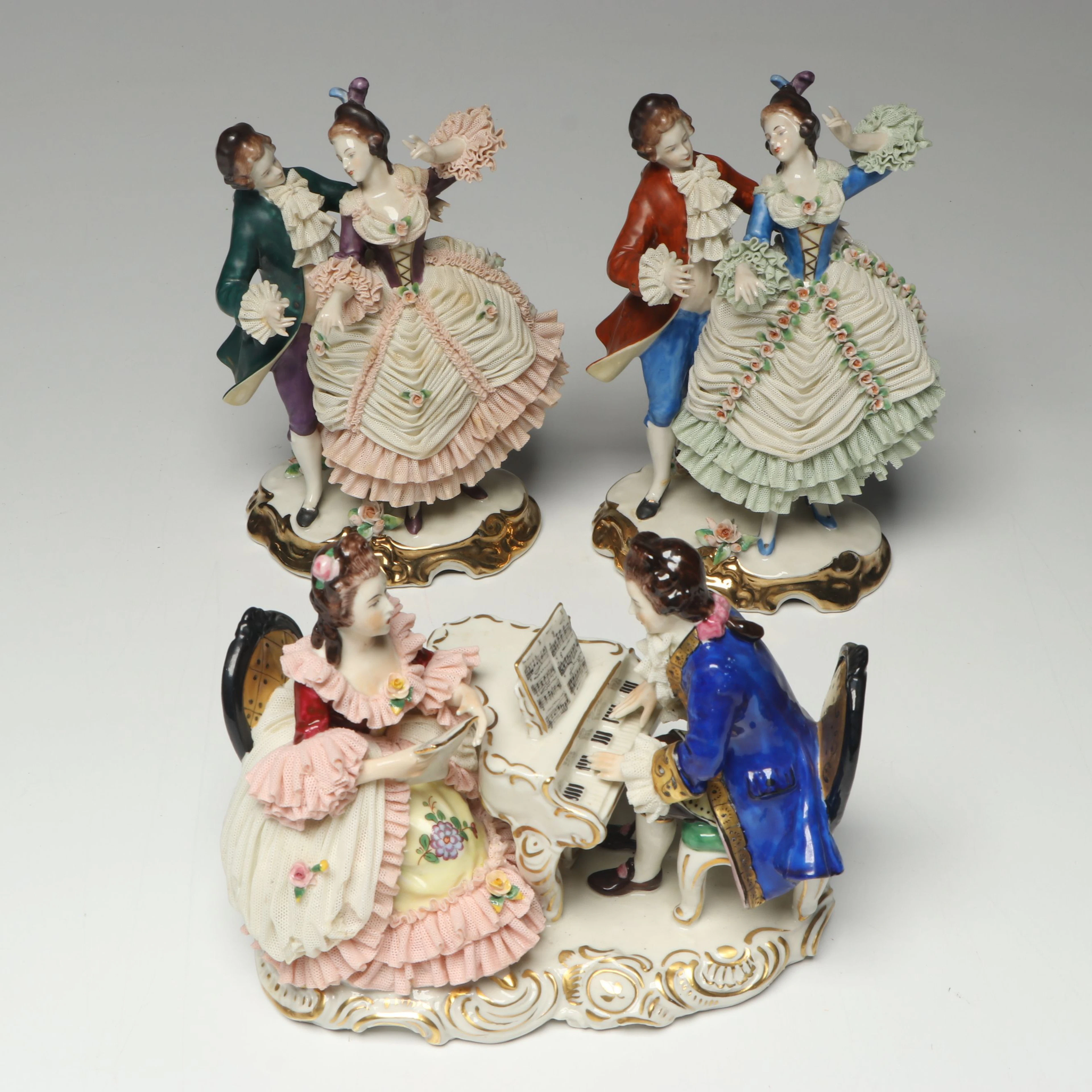 Rococo Style Dresden Lace Porcelain Figurines, 20th Century