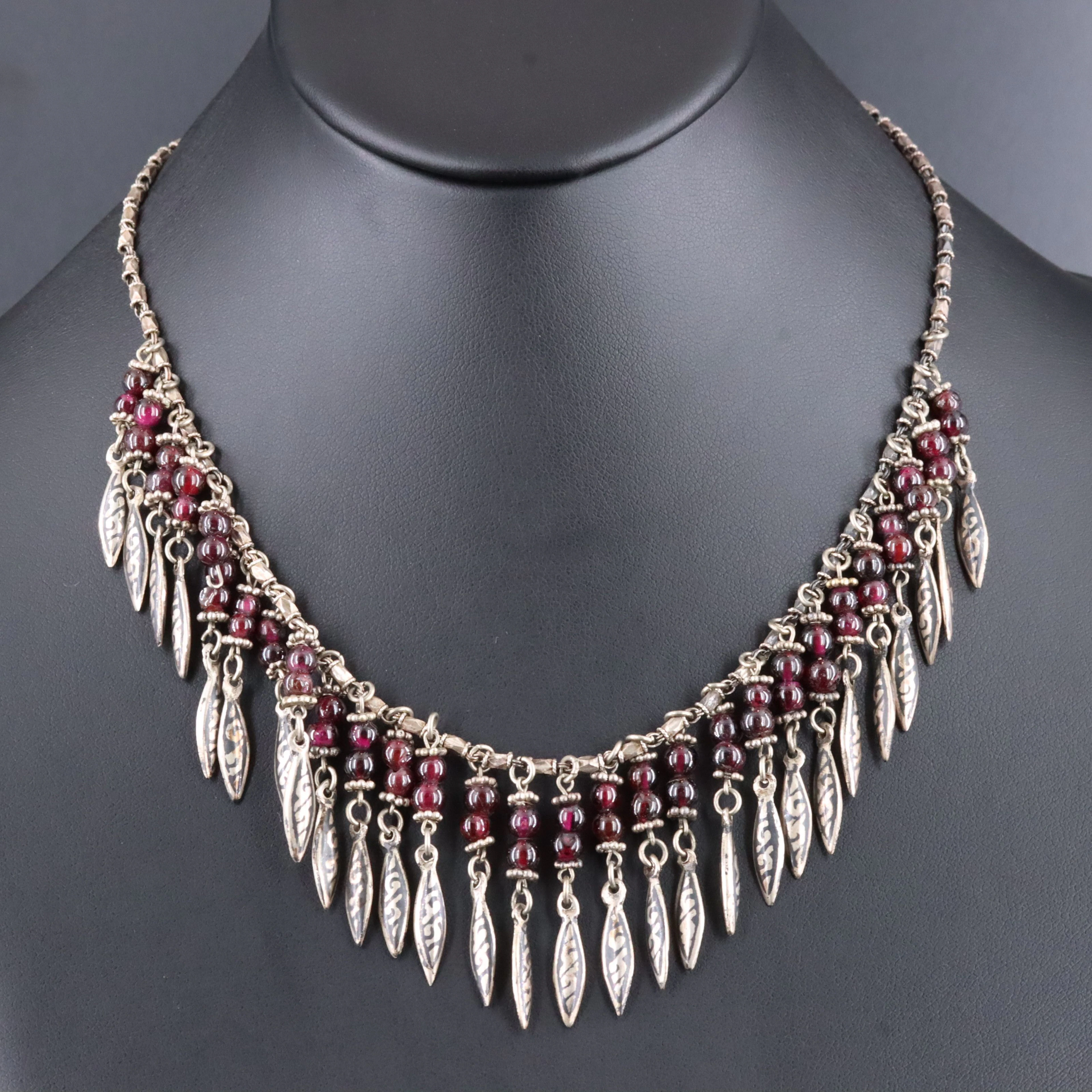 Sterling Rhodolite Garnet Niello Fringe Necklace