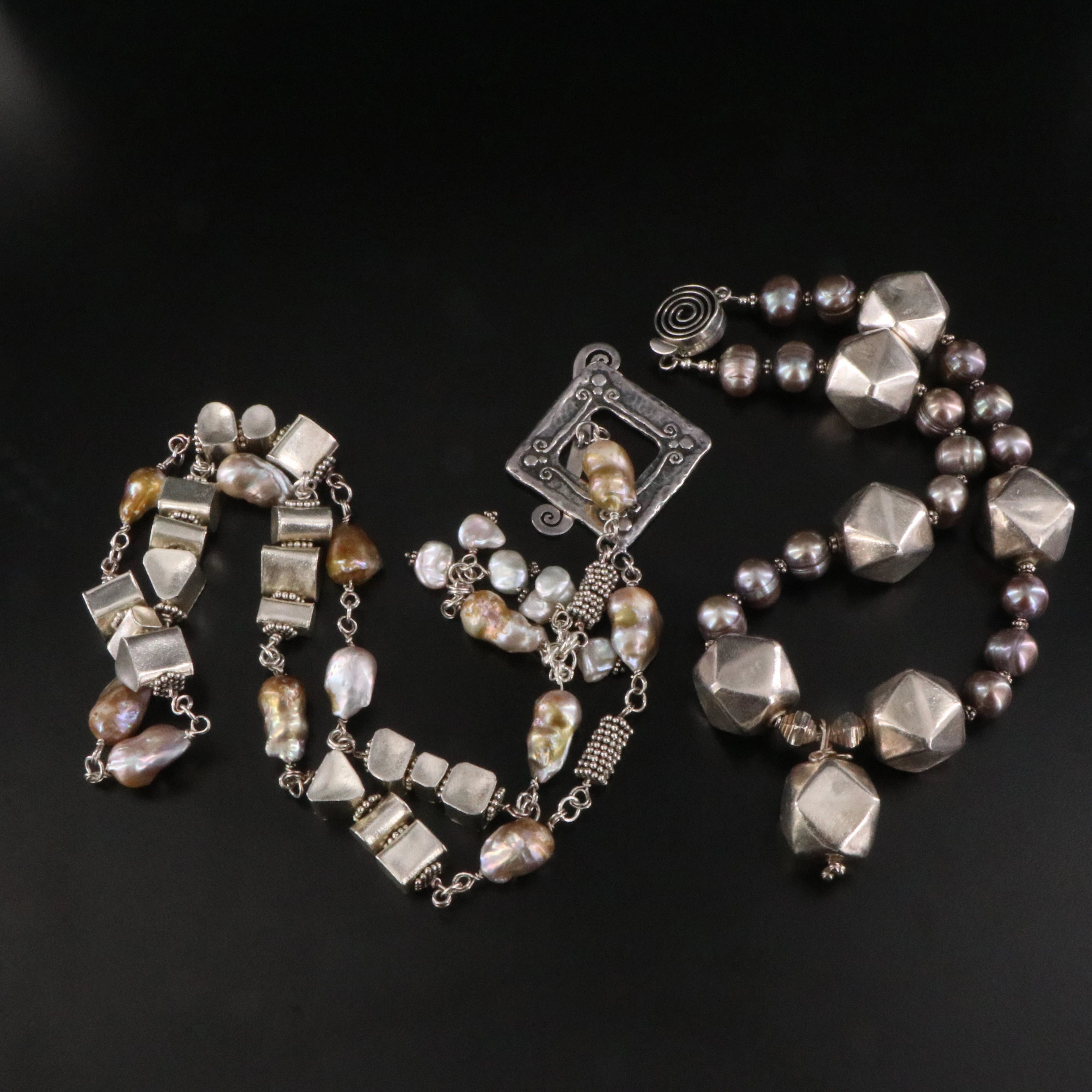 Sterling Art Bead and Pearl Necklaces