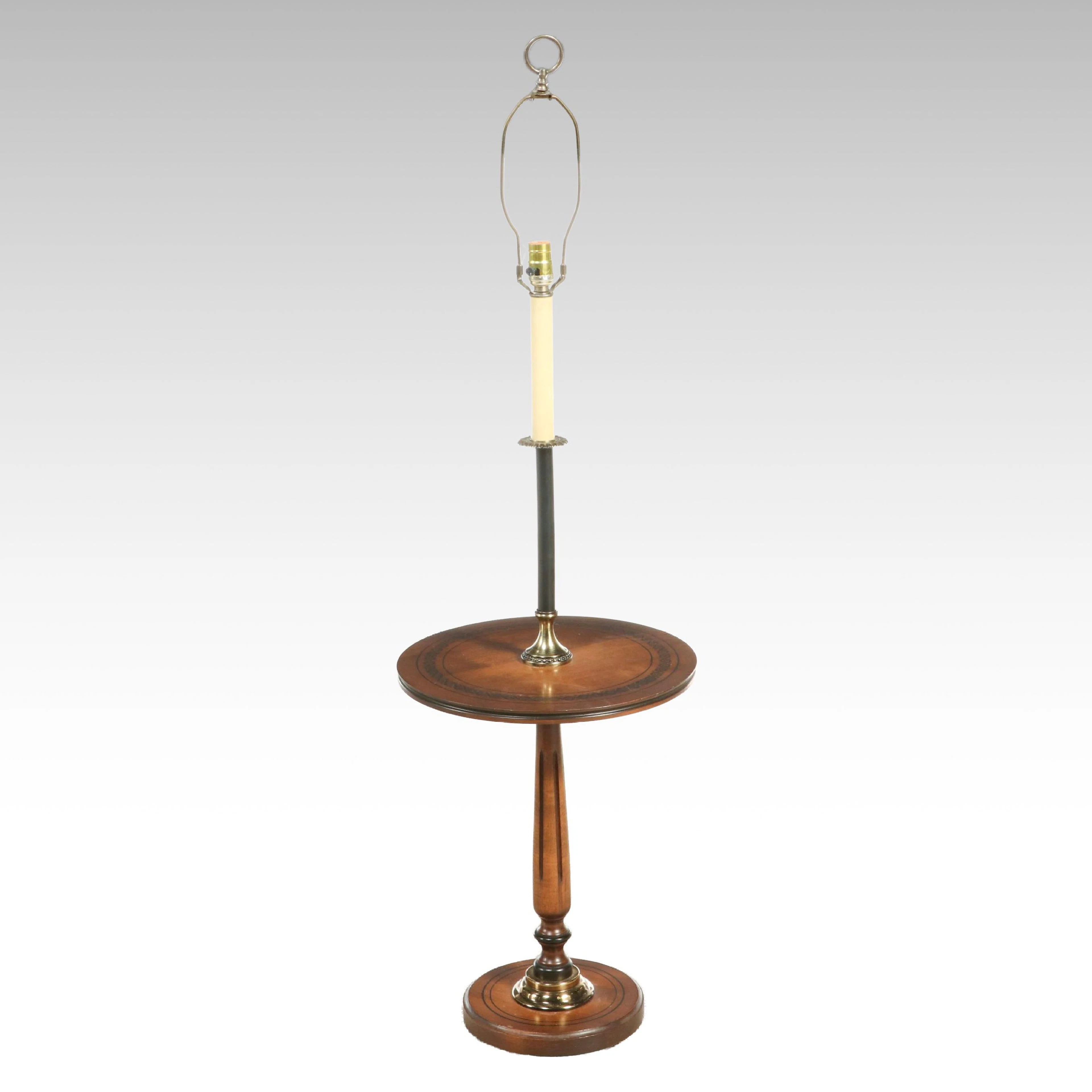 Vintage Wood and Brass Tone Floor Lamp Table