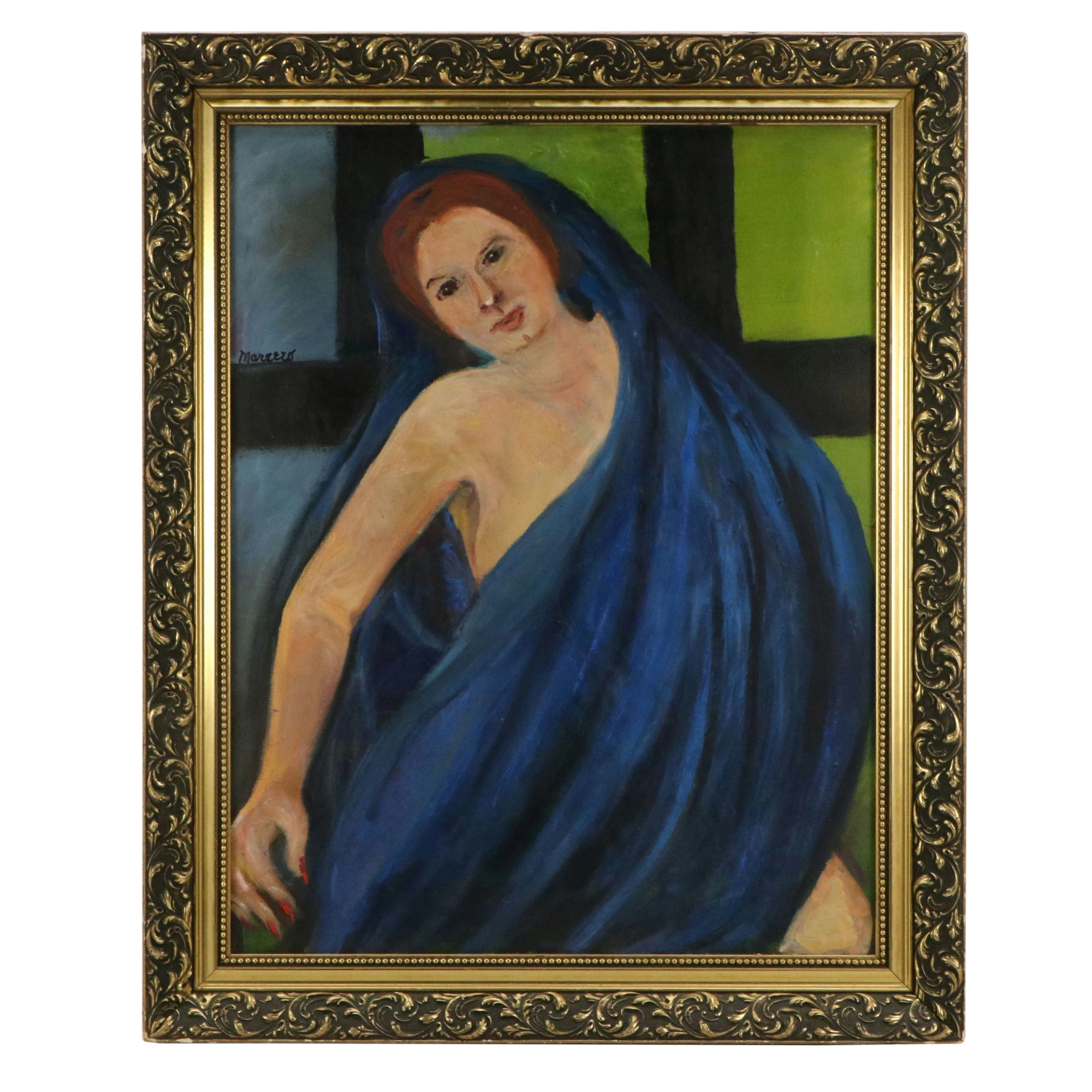 Edith Susarret Marrero Female Portrait Oil Painting "Alhambra (Blue Drape)"