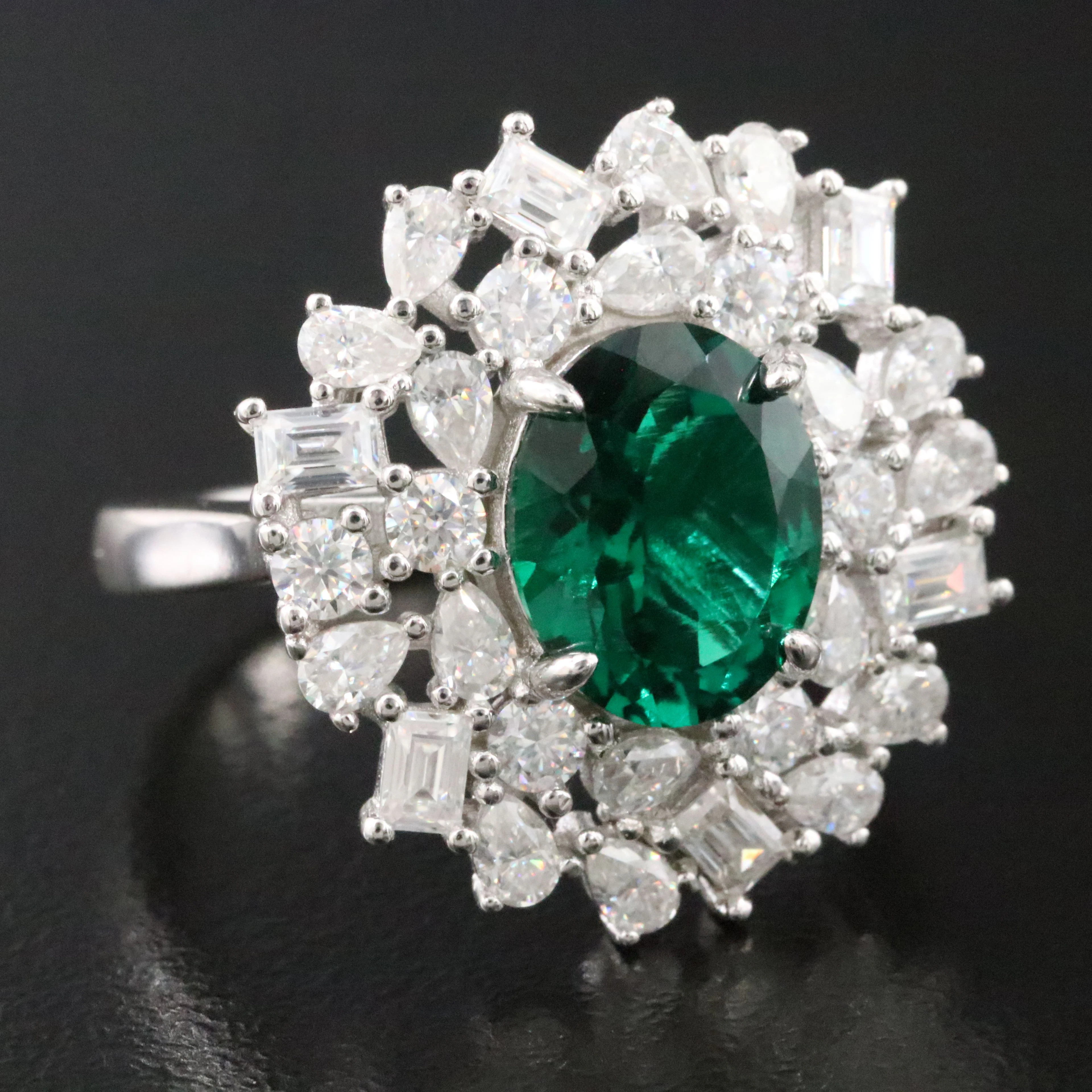 Sterling Emerald and Moissanite Halo Ring