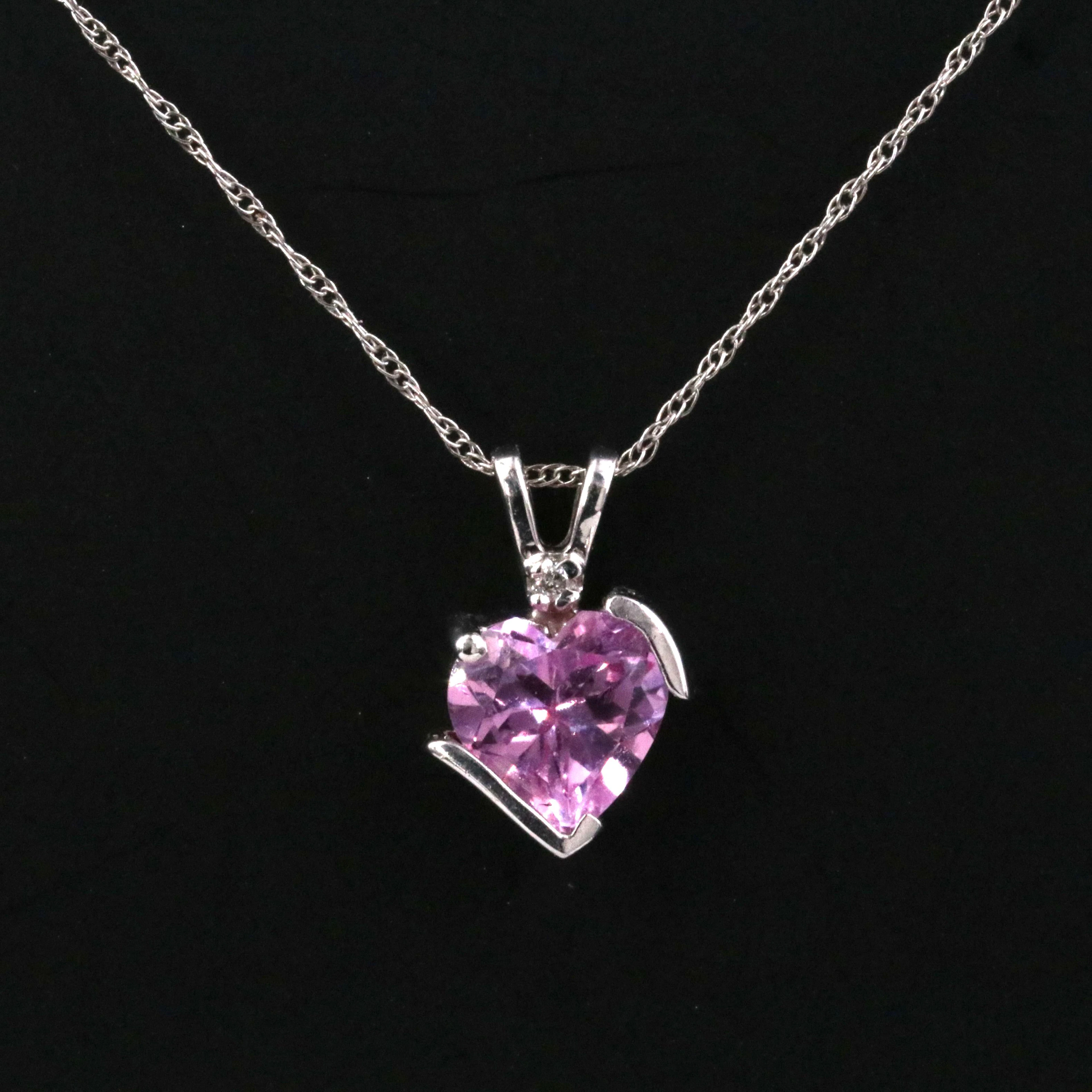 10K Pink Sapphire and Diamond Heart Pendant on 14K Chain Necklace