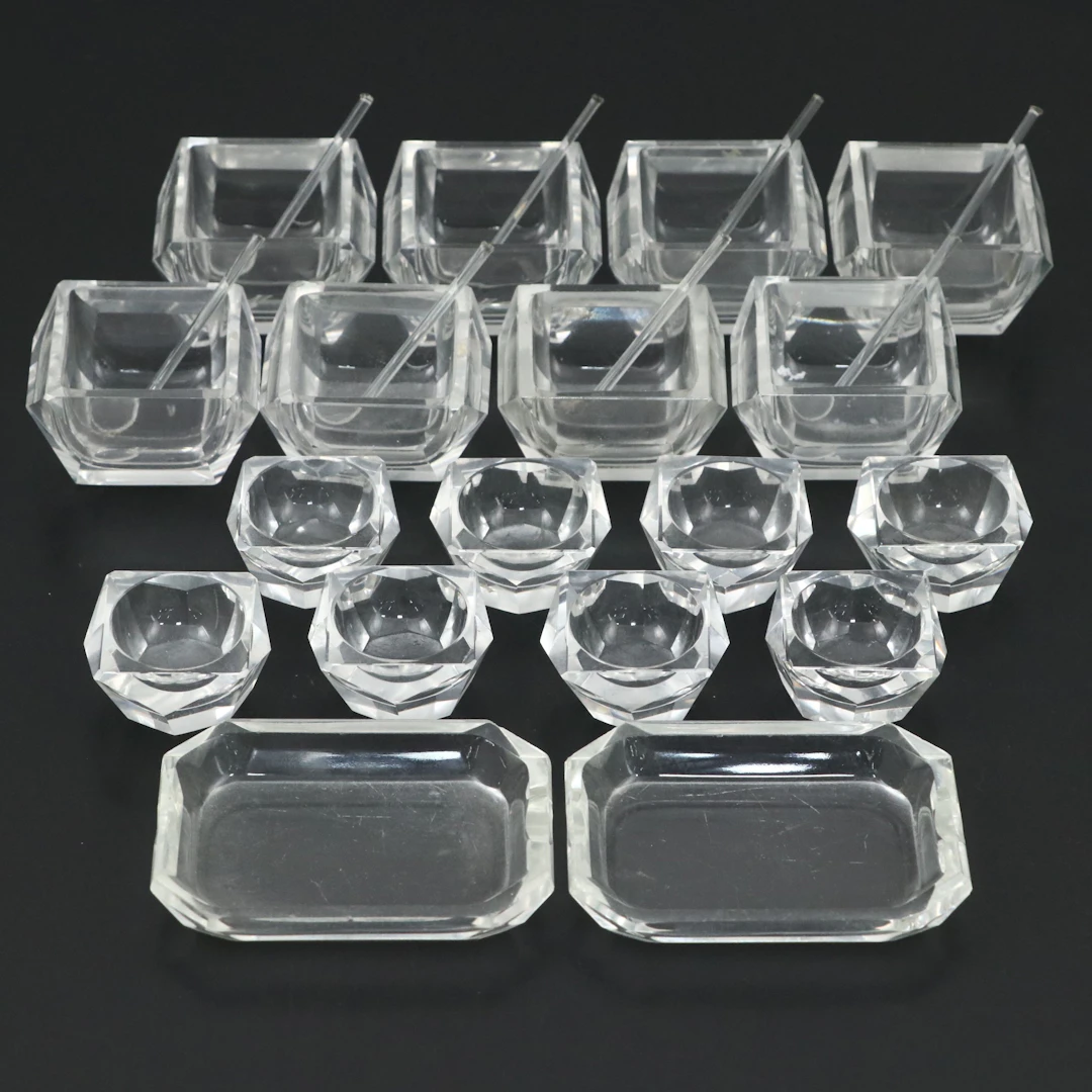 Mid-Century Diamond Shaped Glass Ashtrays and Salt Cellars with Spoons