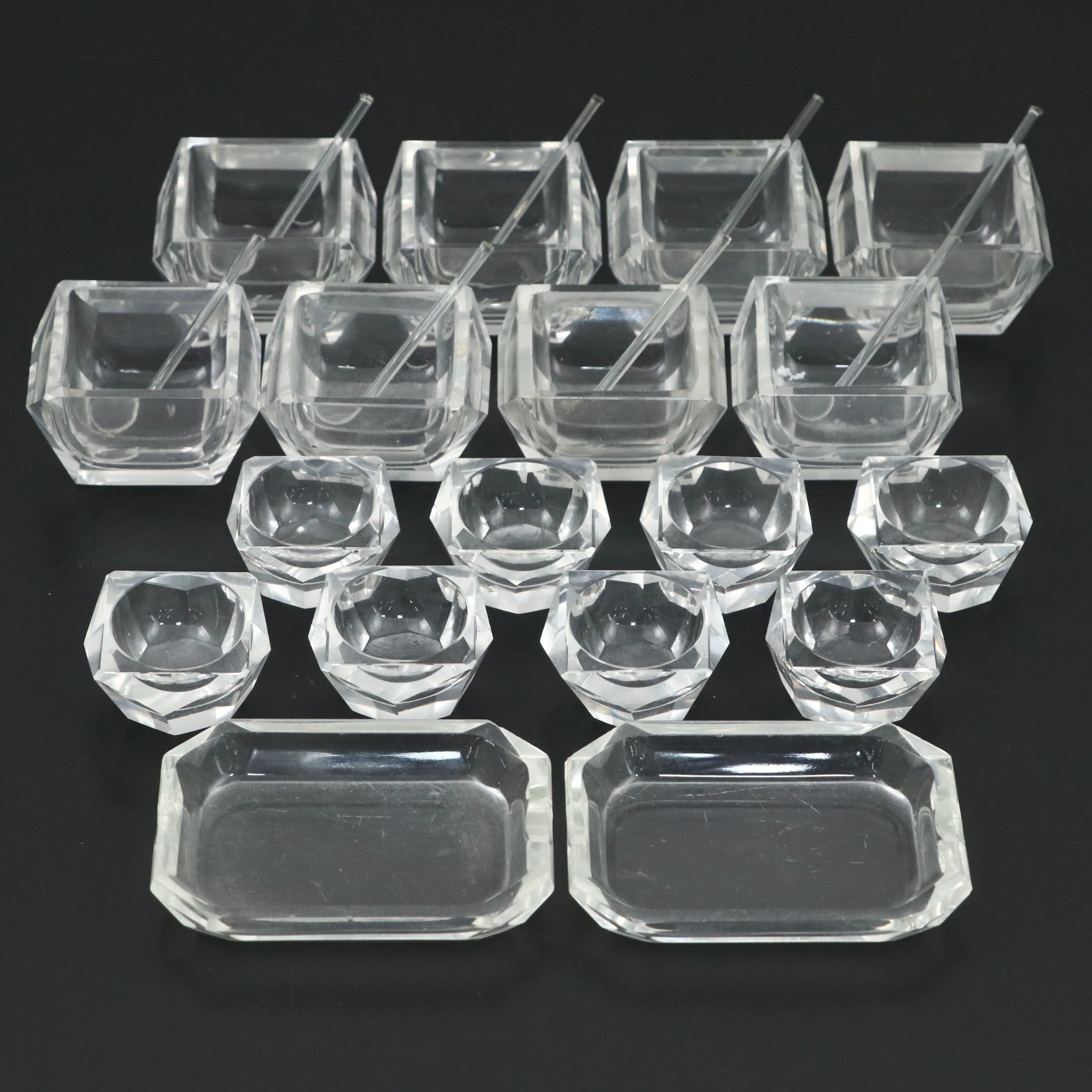 Mid-Century Diamond Shaped Glass Ashtrays and Salt Cellars with Spoons