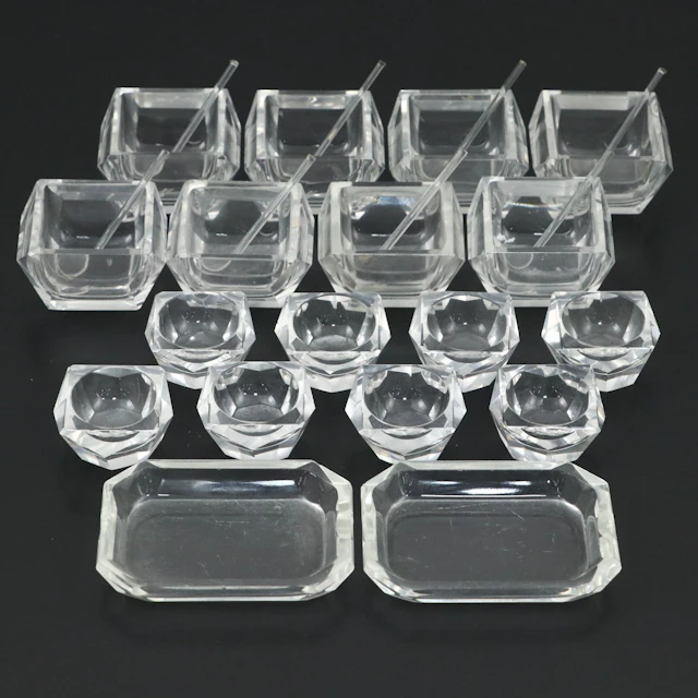 Mid-Century Diamond Shaped Glass Ashtrays and Salt Cellars with Spoons