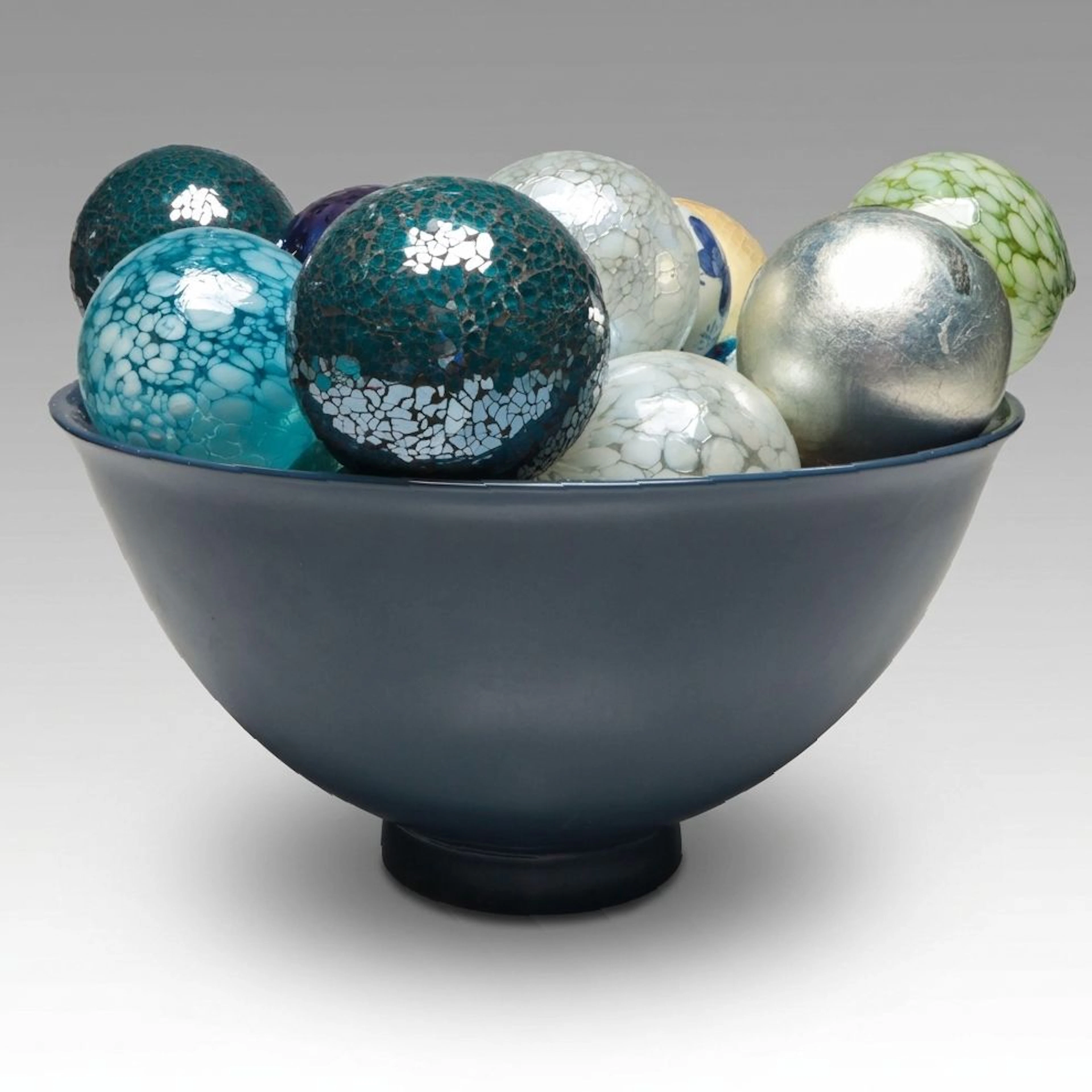 Blown Glass, Ceramic and Mosaic Decorative Orbs in Ceramic Bowl