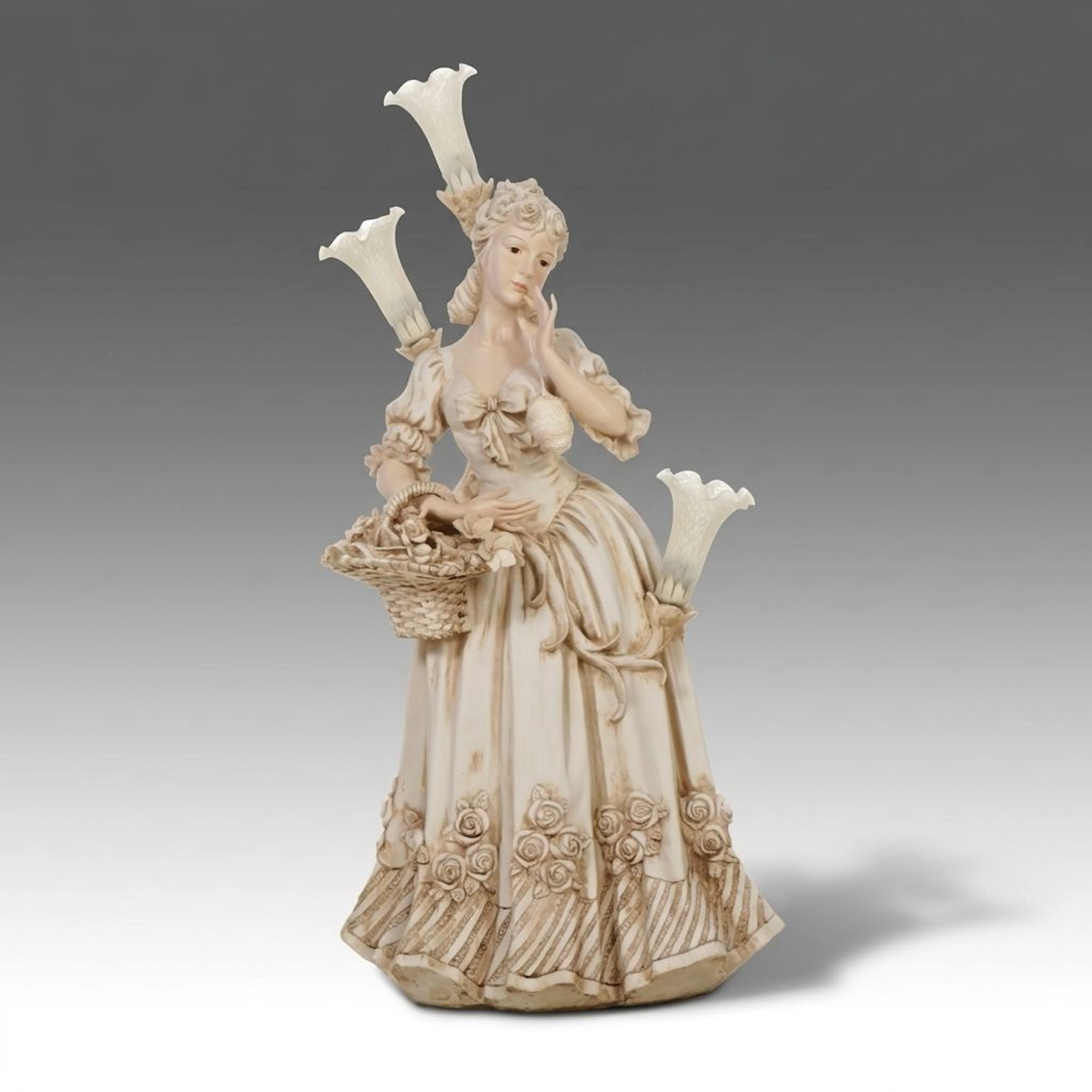 Victorian Style Figural Lamp with Glass Trumpet Flower Globes