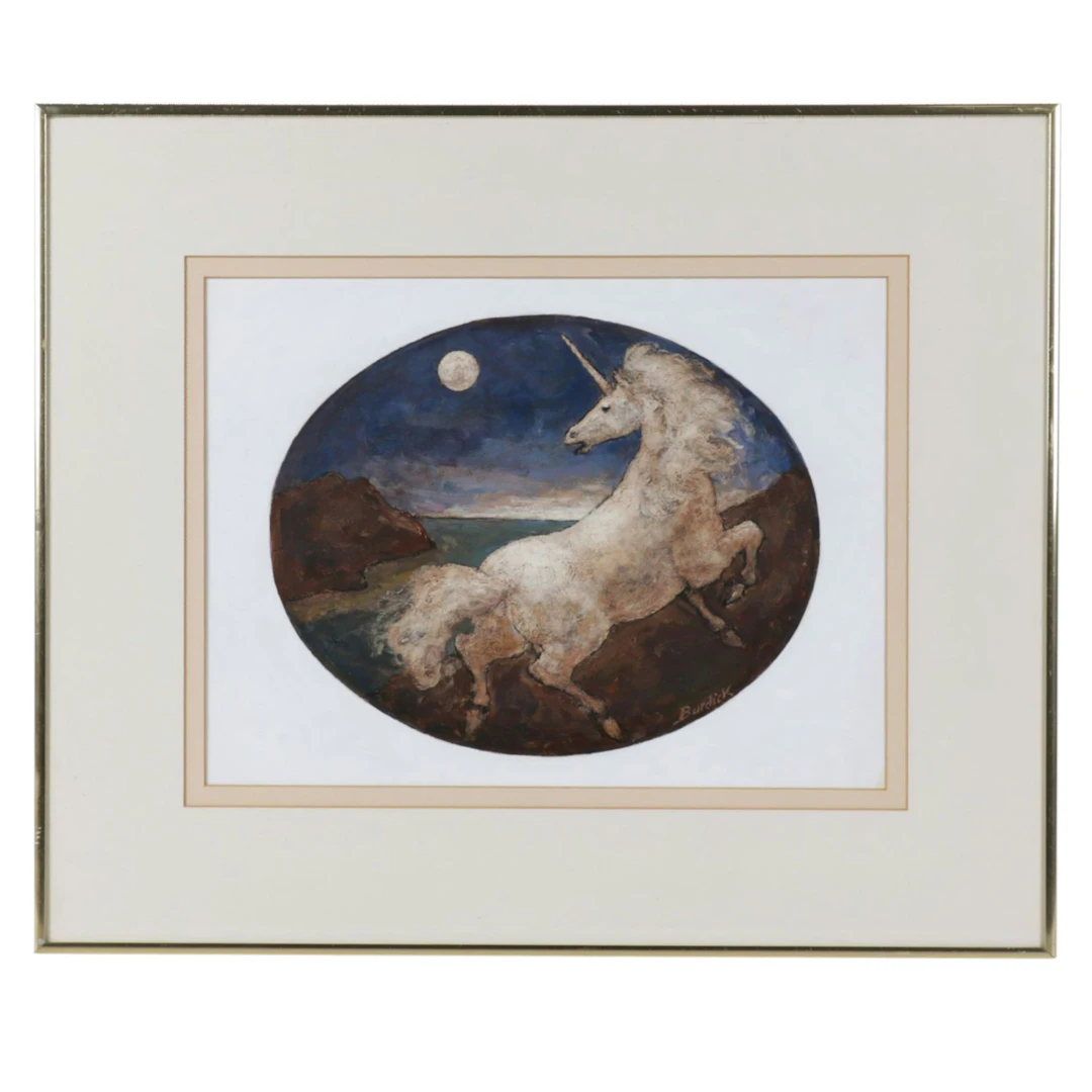 Charles Burdick Acrylic Painting of Unicorn Under the Full Moon