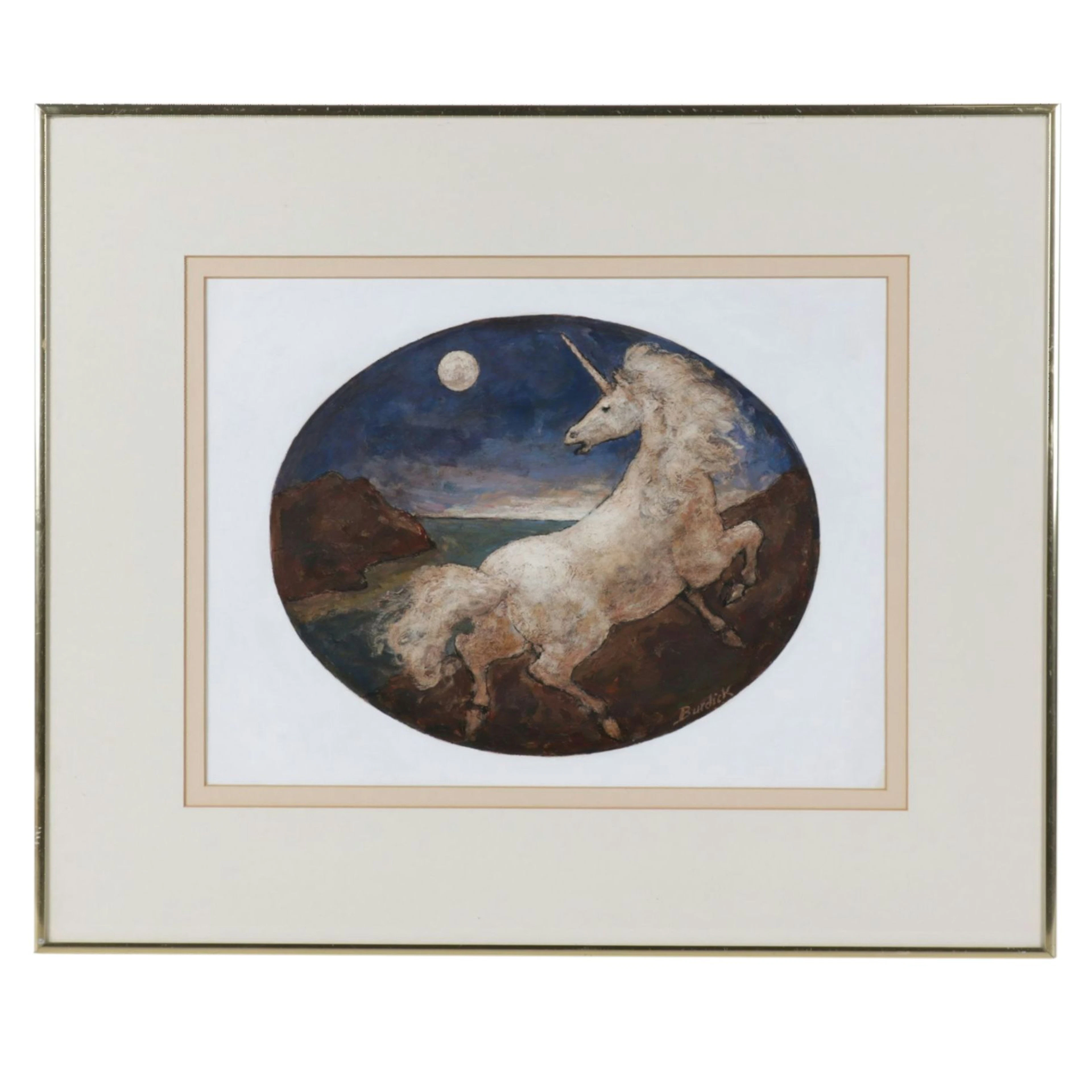 Charles Burdick Acrylic Painting of Unicorn Under the Full Moon