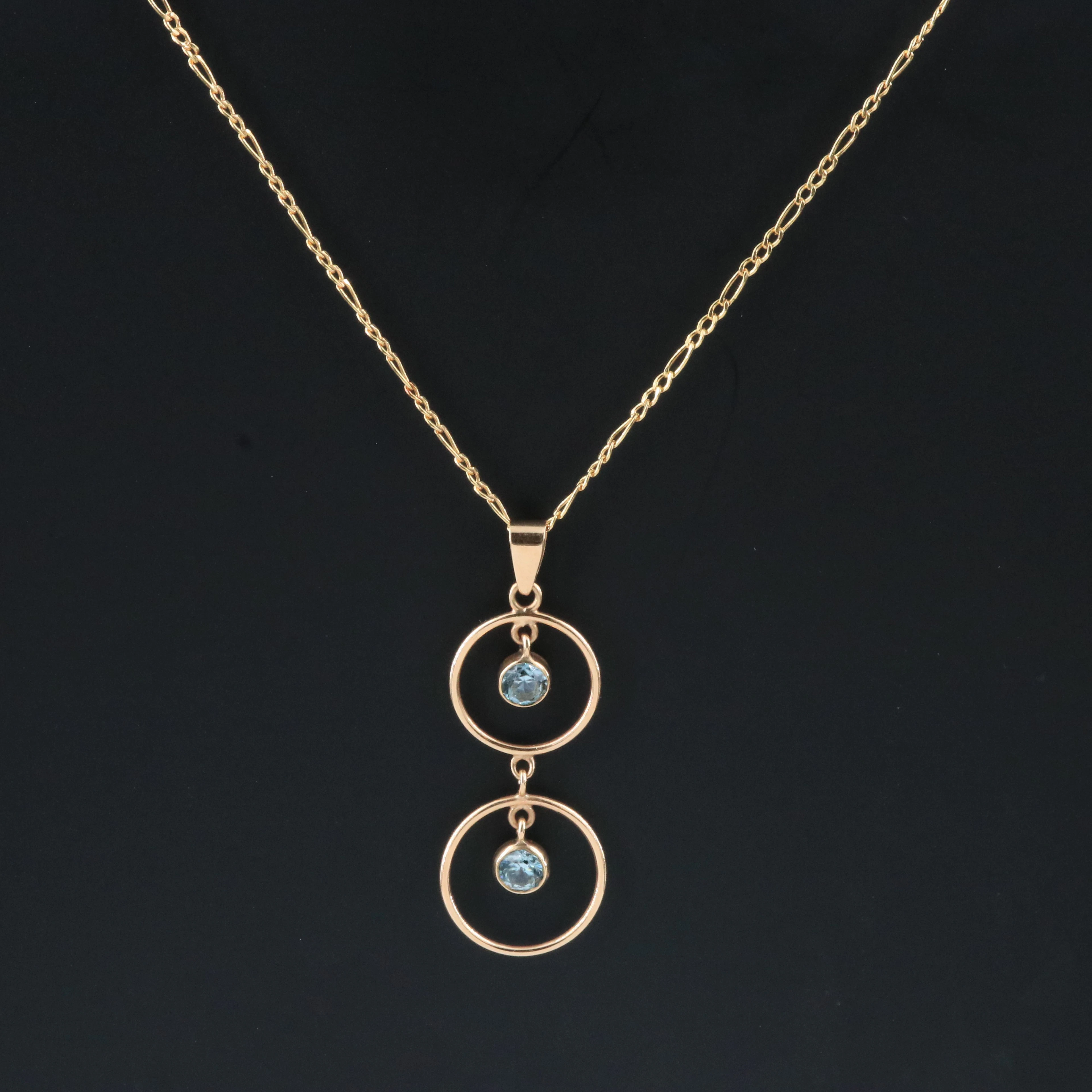 10K Blue Zircon Circle Drop Pendant Necklace with 14K Chain