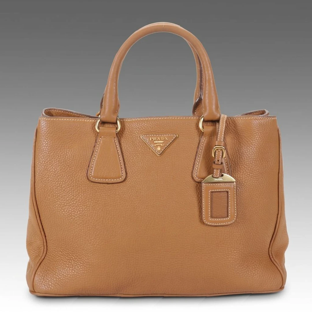 Prada Two-Way Twin Pocket Tote Bag in Caramel Vitello Daino Leather