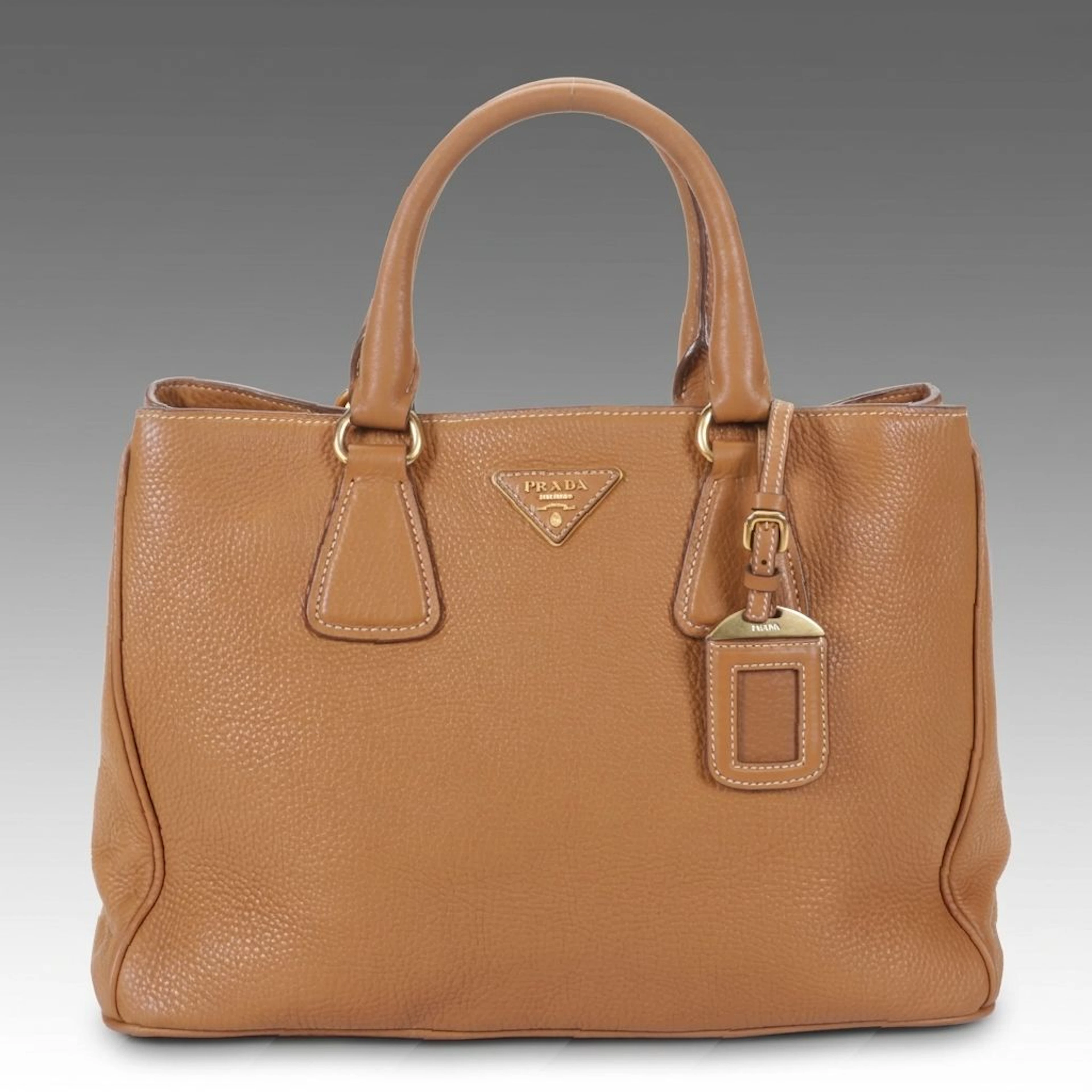 Prada Two-Way Twin Pocket Tote Bag in Caramel Vitello Daino Leather