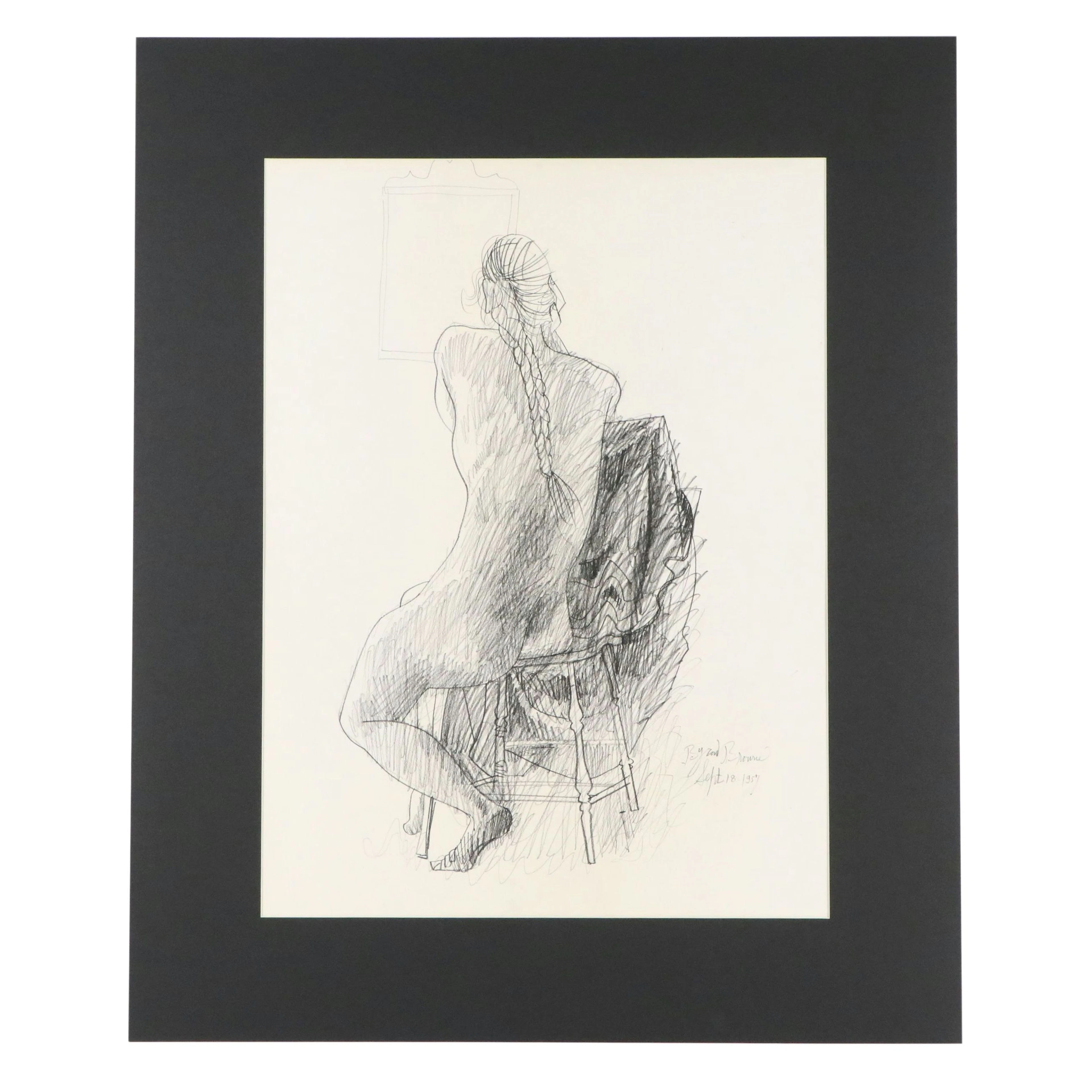 Byron Browne Charcoal Drawing of Seated Nude Female, 1957