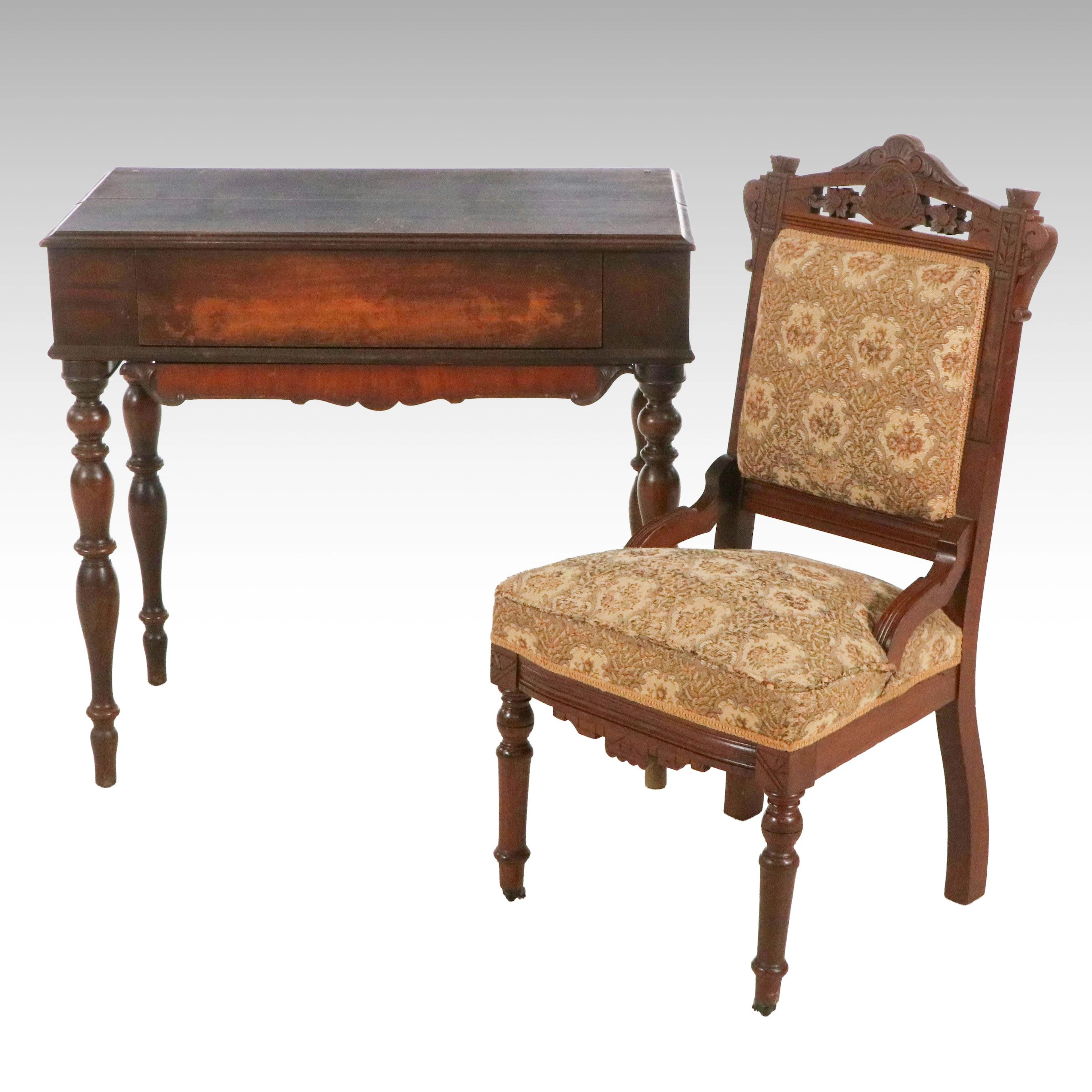 Federal Style Wooden Spinet Desk and Eastlake Style Upholstered Side Chair