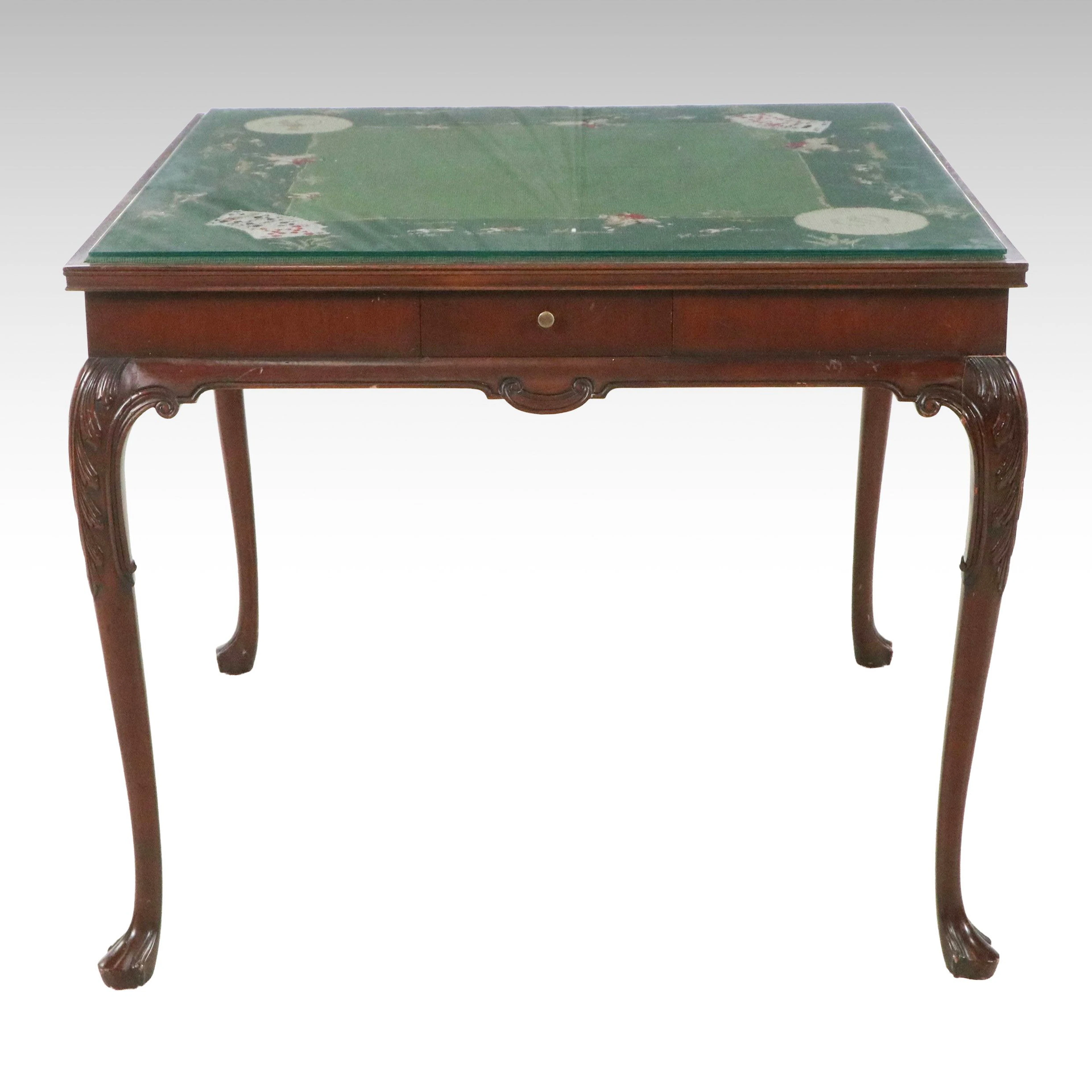Queen Anne Style Game Table with Hunt Themed Needlepoint Top, 20th Century