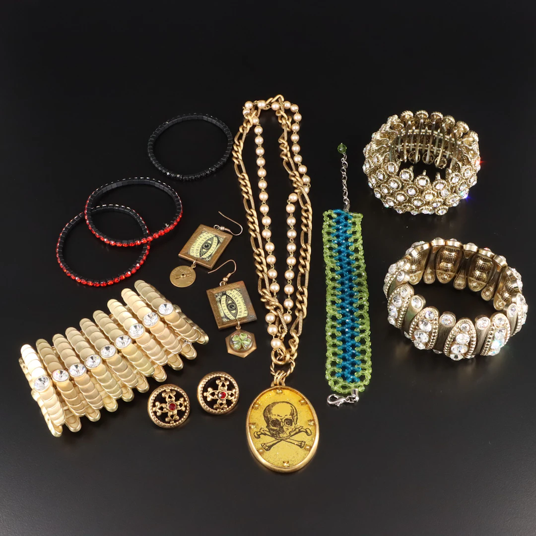Maximal Art Skull Necklace Featured in Jewelry with Rhinestones and Faux Pearls
