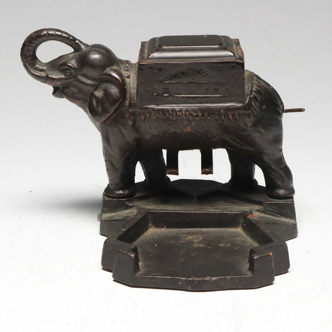 Painted Cast Iron Elephant Form Cigarette Dispenser, Early to Mid-20th C.