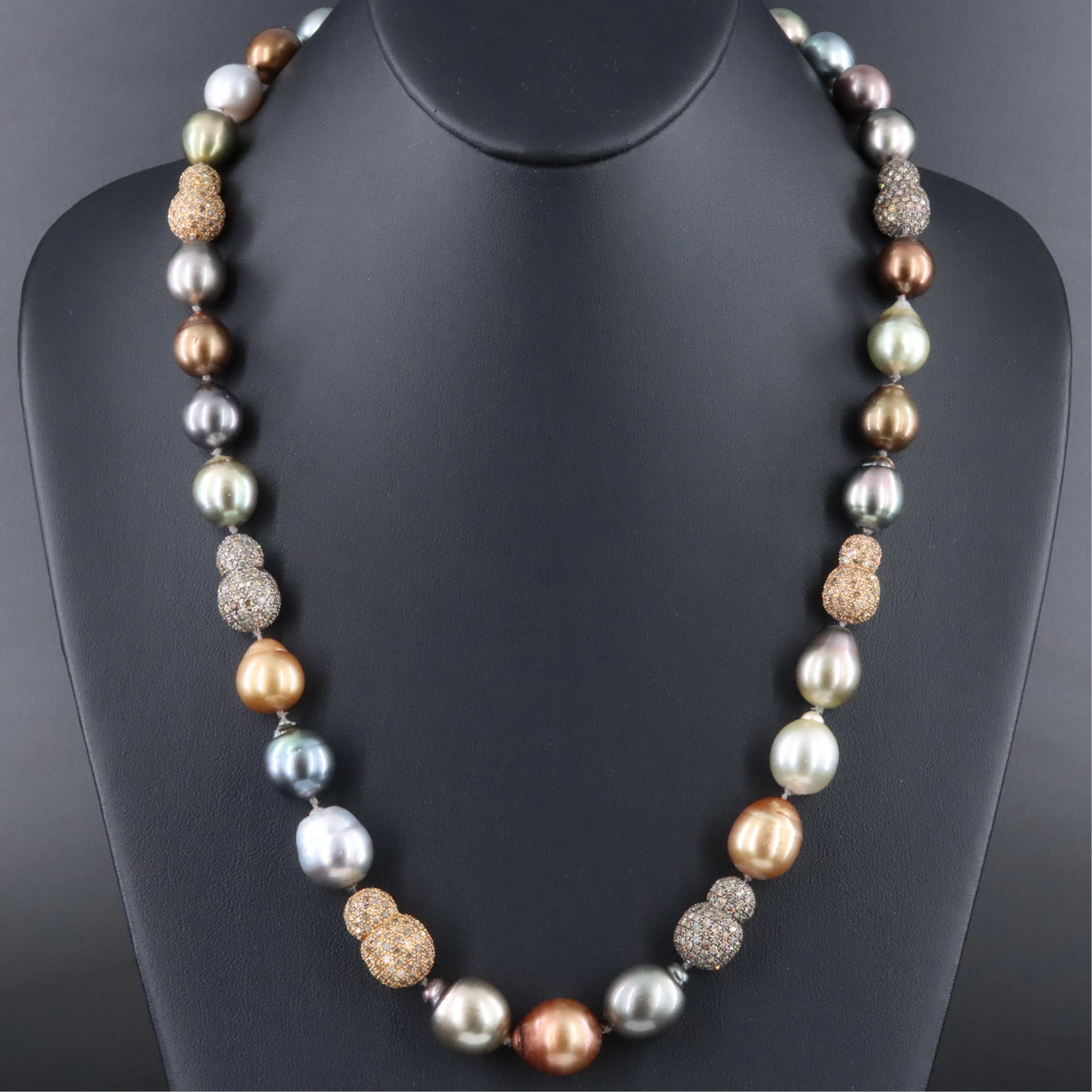 Multicolor Pearl Necklace w/ 18K Rose & White Gold 15.00 CTW Pavé Diamond Beads