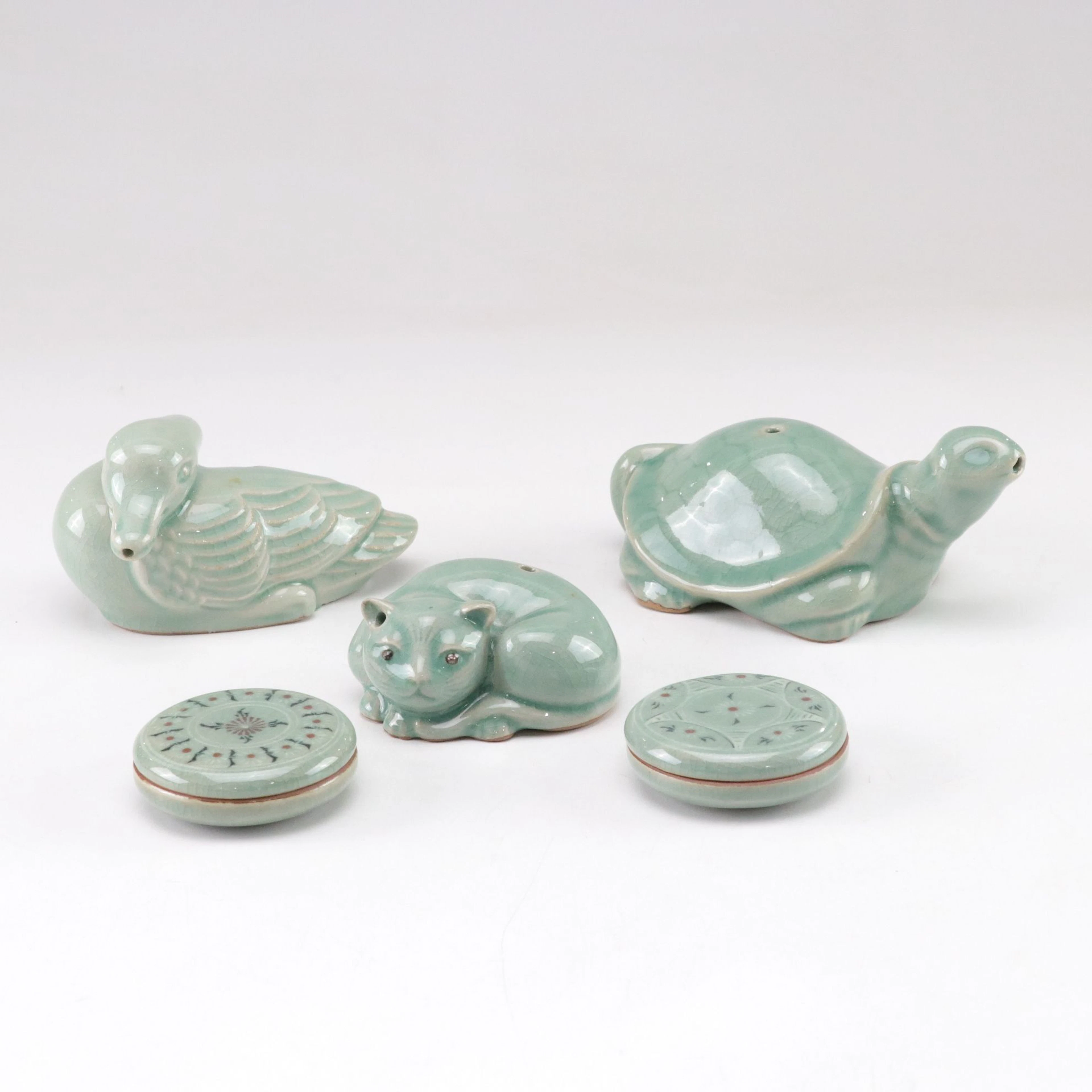 Korean Celadon Cat, Duck and Turtle Water Droppers and Lidded Ink Pad Dishes