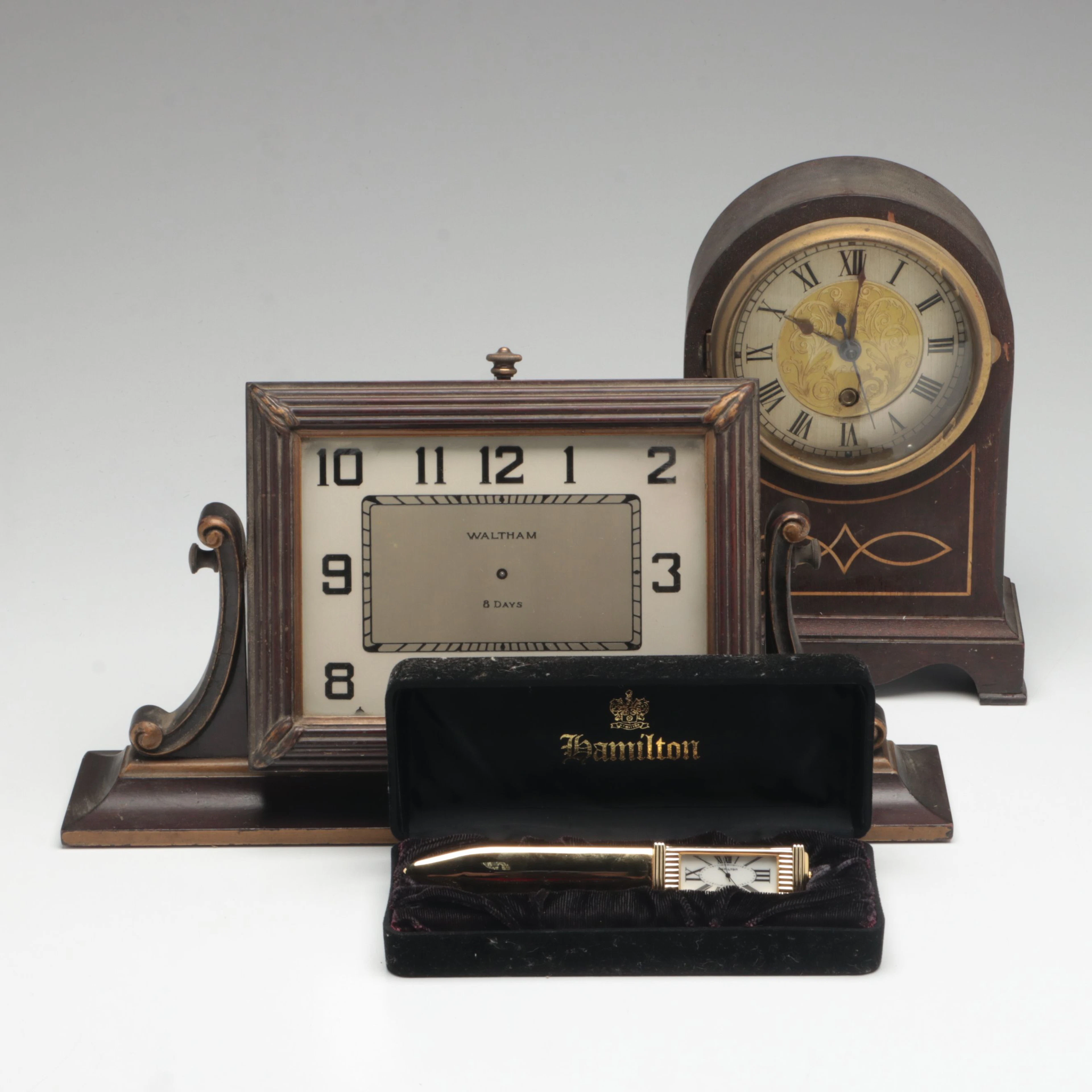 Waltham Desk Clock, Electric Mantel Clock, and Hamilton Letter Opener