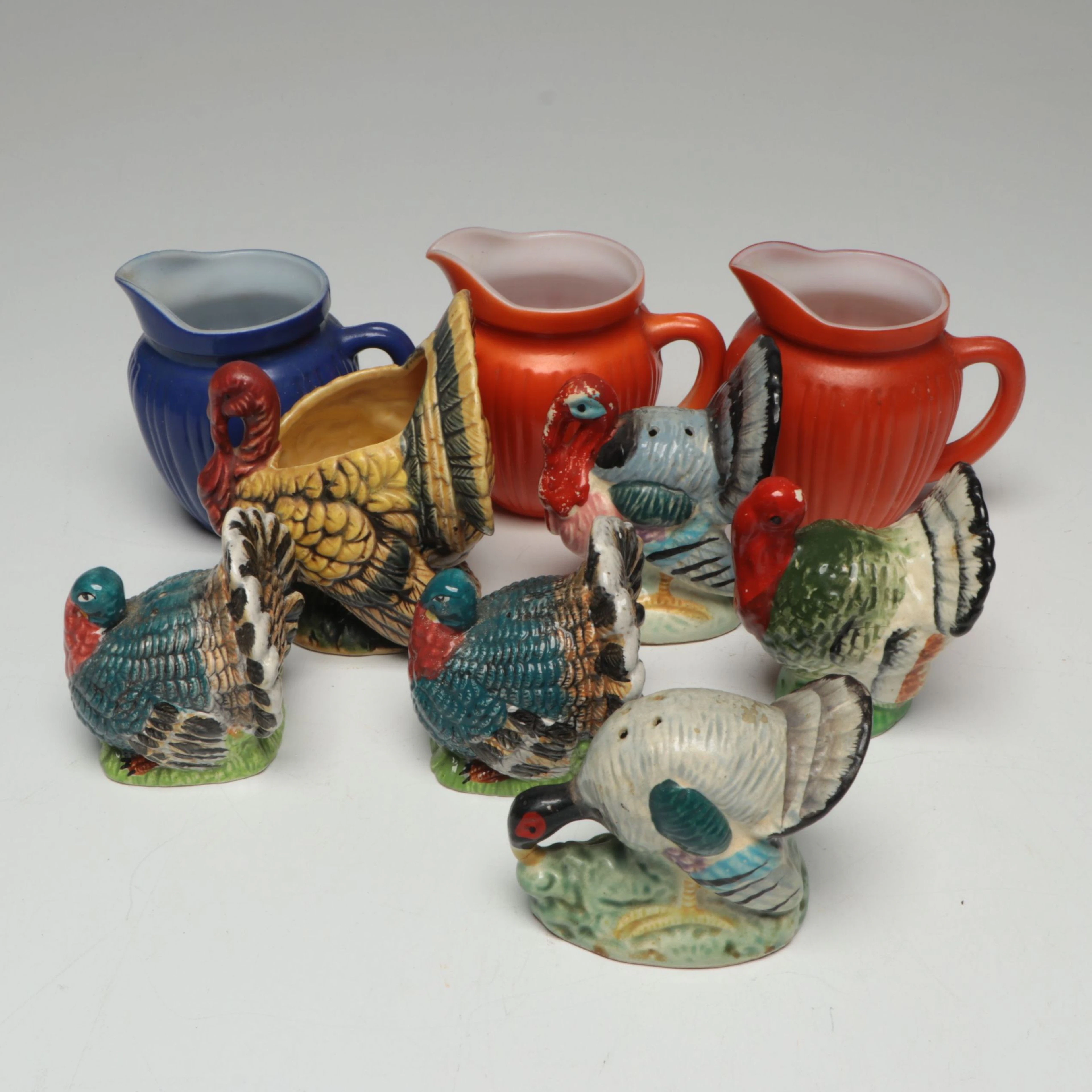 Napco and Other Ceramic Turkey Table Accessories with Milk Glass Creamers