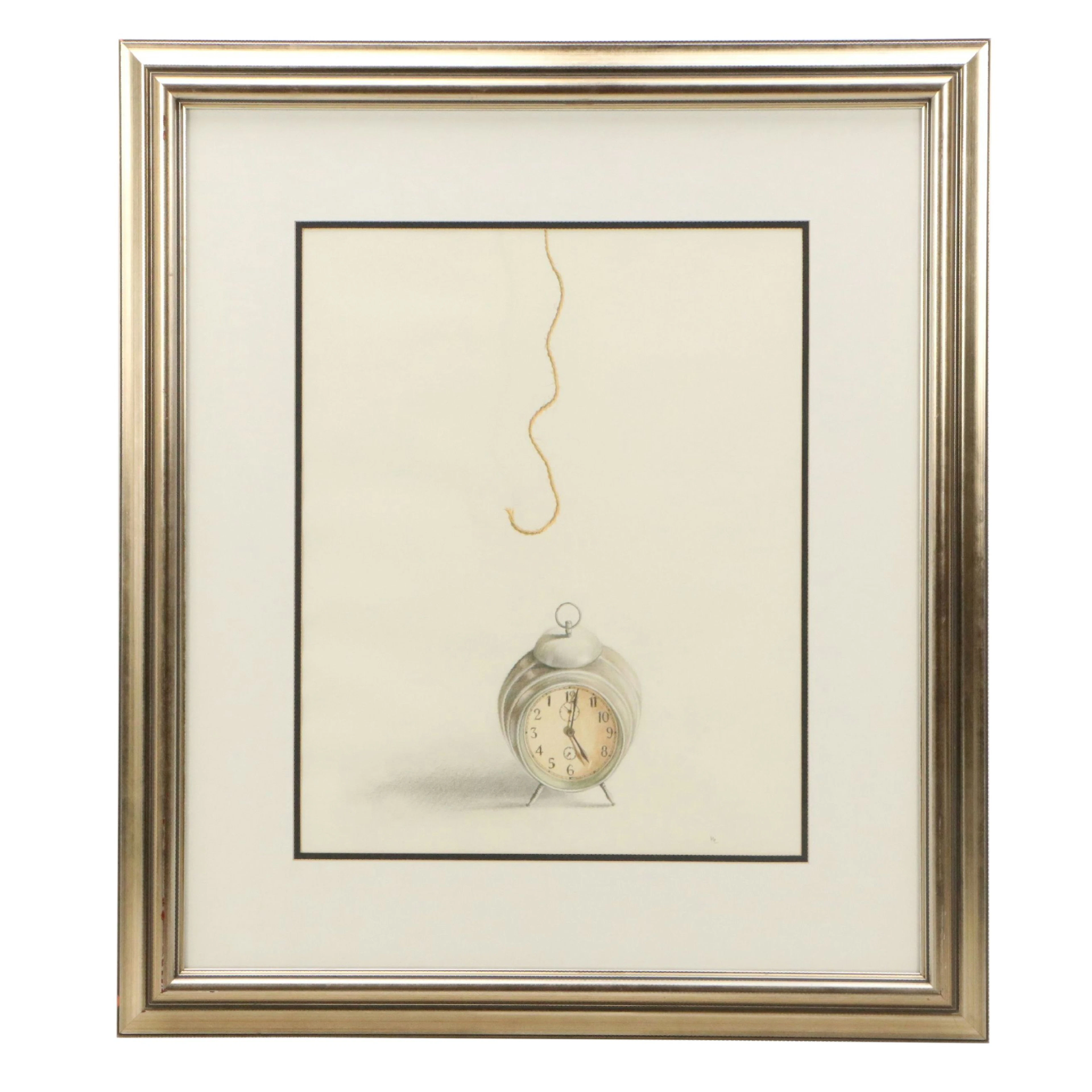 Mixed Media Drawing "Clock with Fishing Hook"