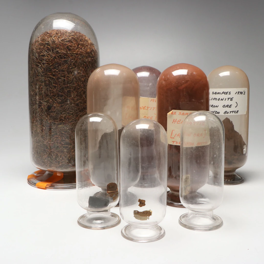 Magnetite with Other Mineral and Plant Specimens in Glass Torpedo Bottles