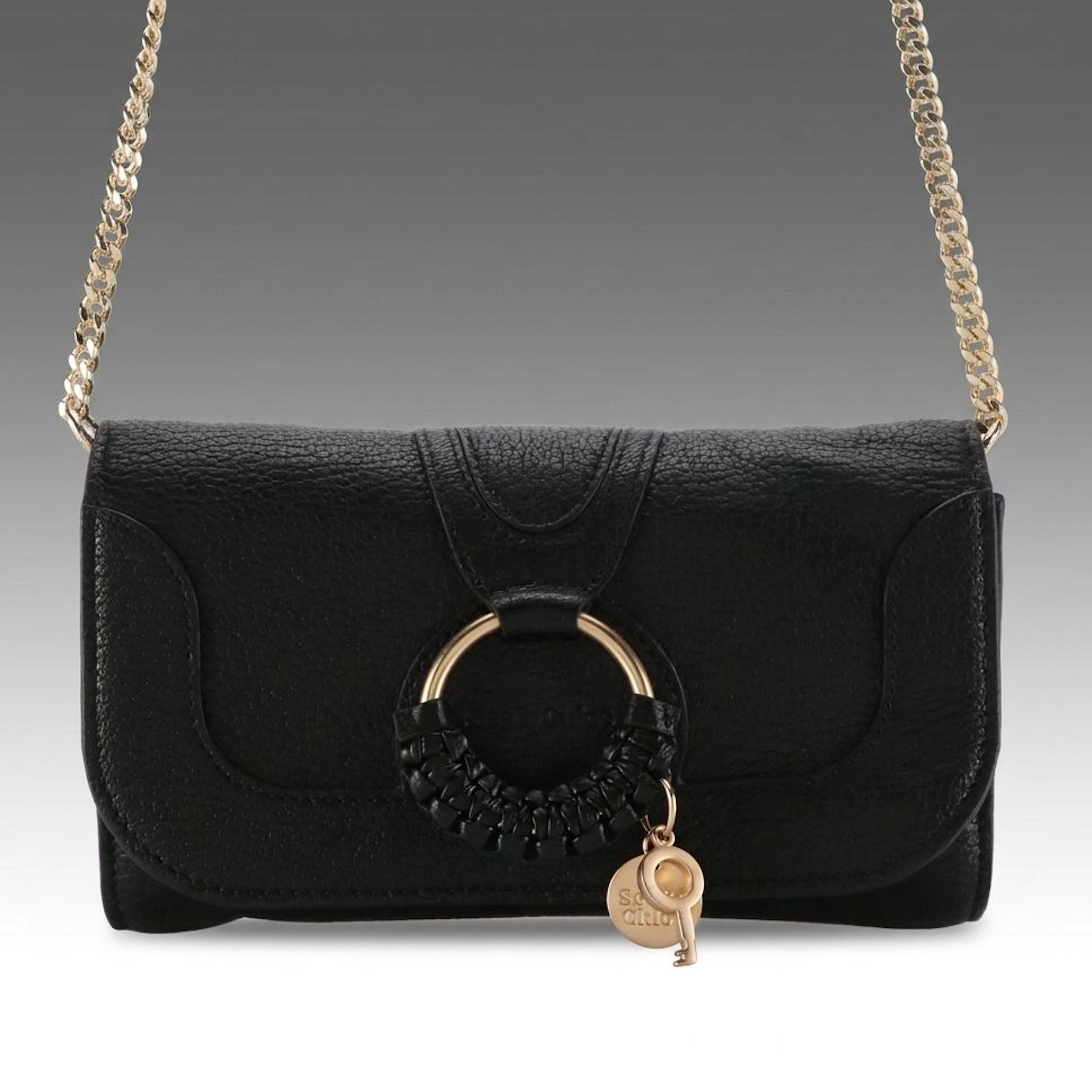 See by Chloé Black Grained Leather Hana Chain Wallet with Braided O-Ring