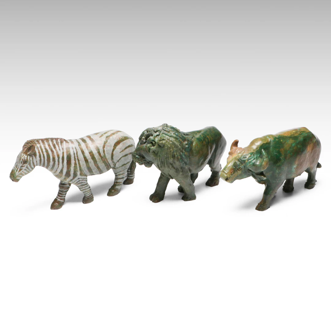Hand-Carved Soapstone Zebra, Lion and Water Buffalo