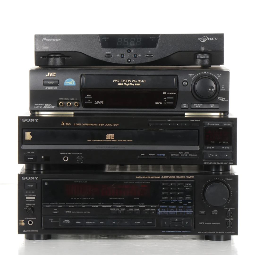 Sony CDP-C505 CD Changer and STR-AV920 Receiver with JVC Pro-Cision VCR & More
