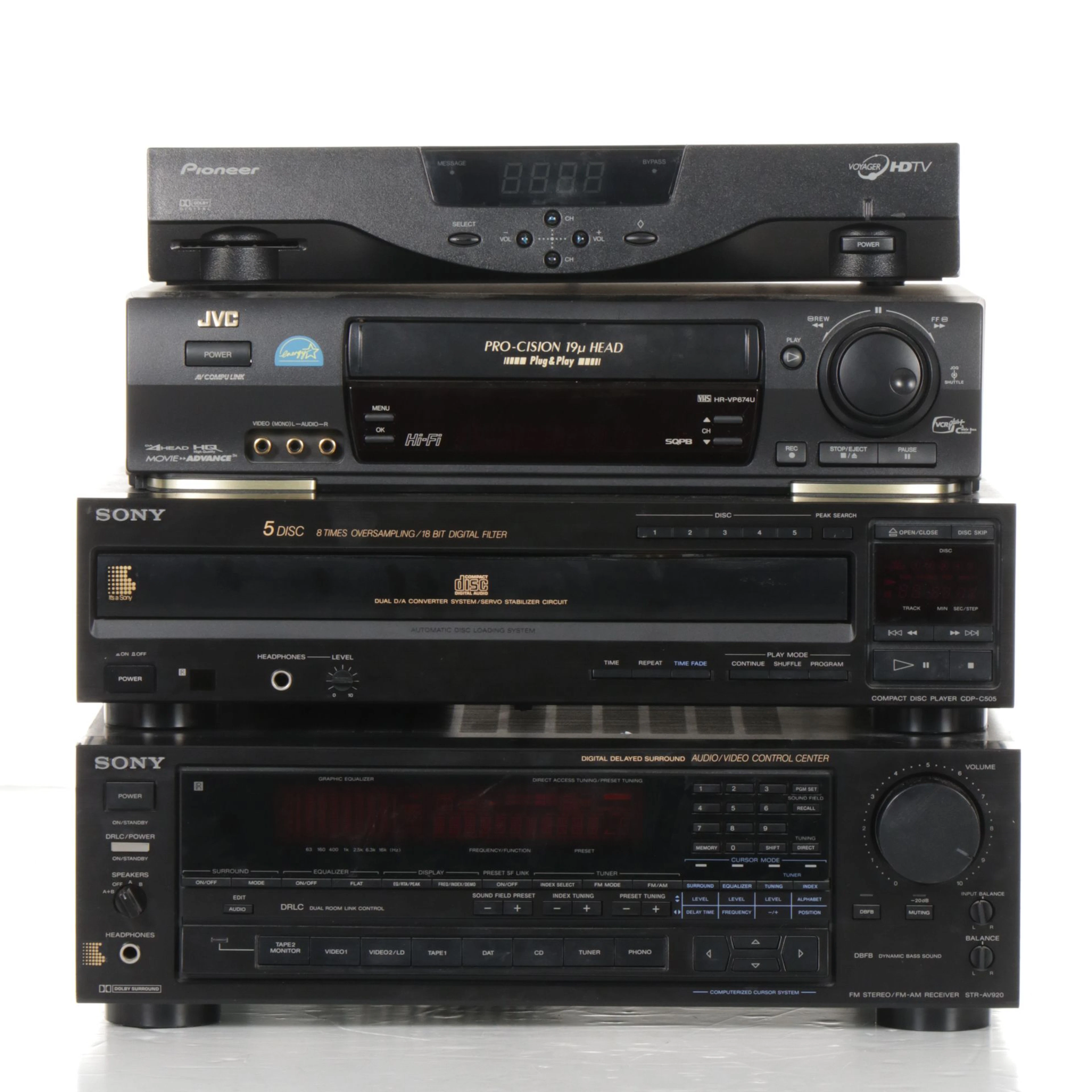 Sony CDP-C505 CD Changer and STR-AV920 Receiver with JVC Pro-Cision VCR & More