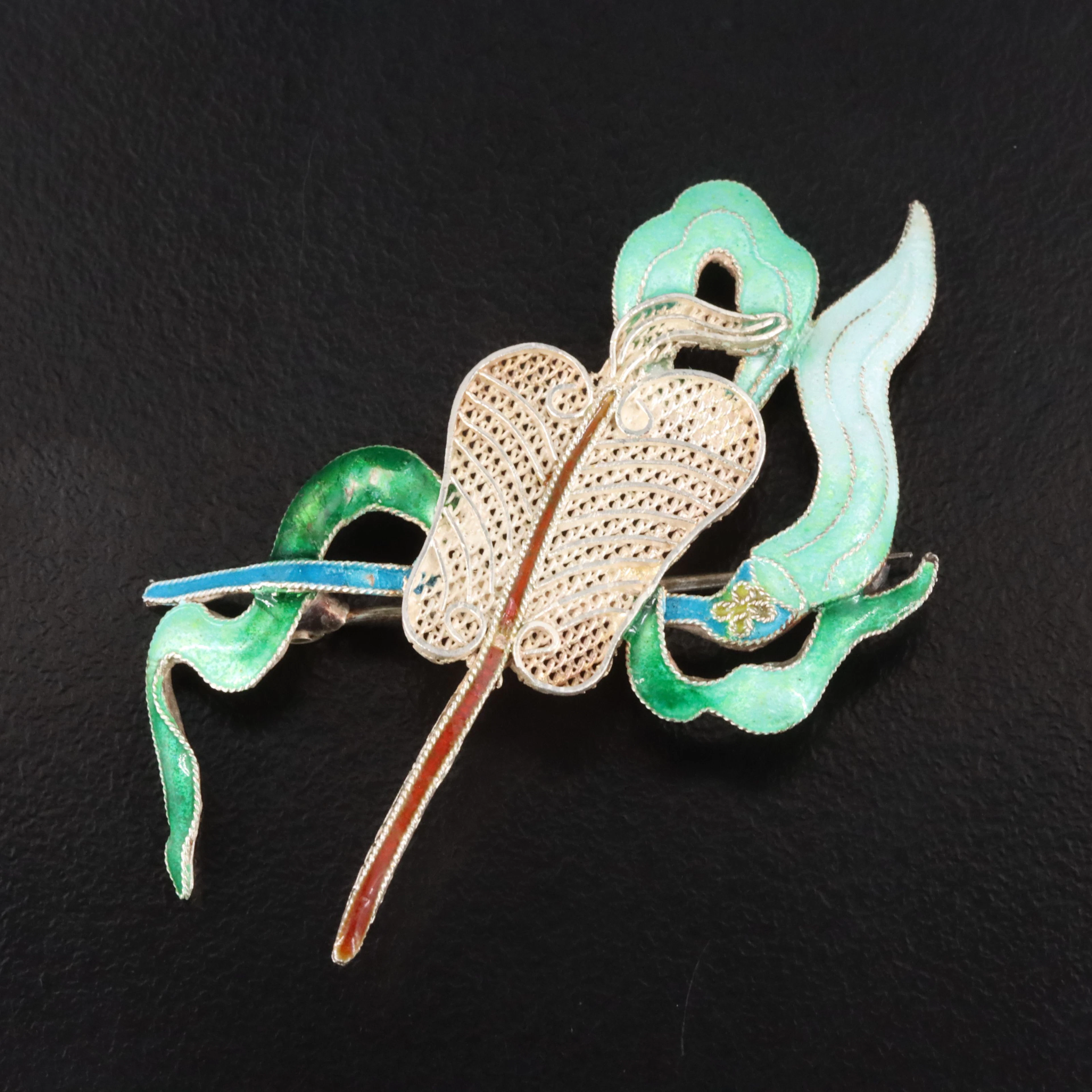 Chinese Export Fine Silver Enamel Fan Brooch
