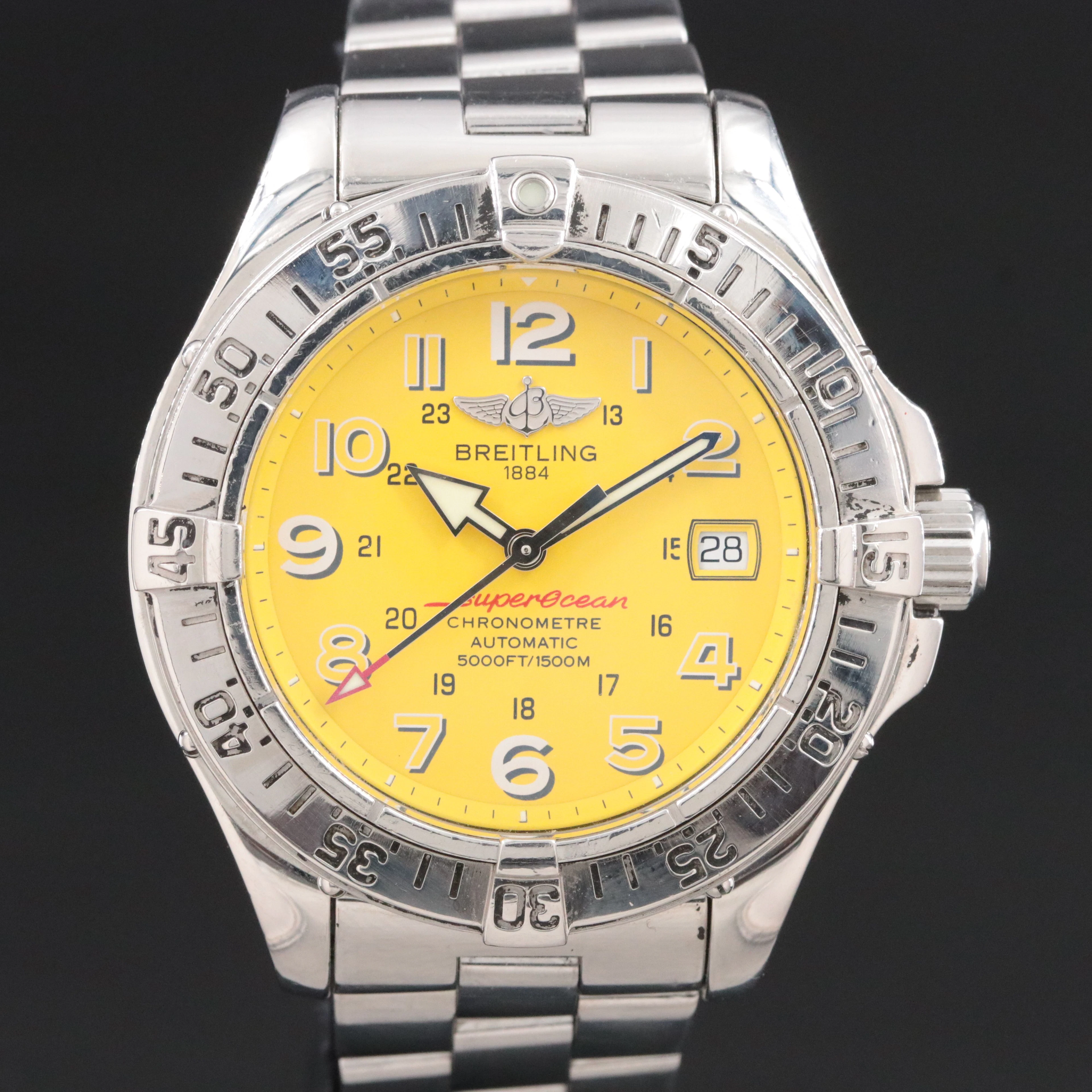 2008 Breitling Superocean 5000Ft. Yellow Dial Arrow Hands Steel Date