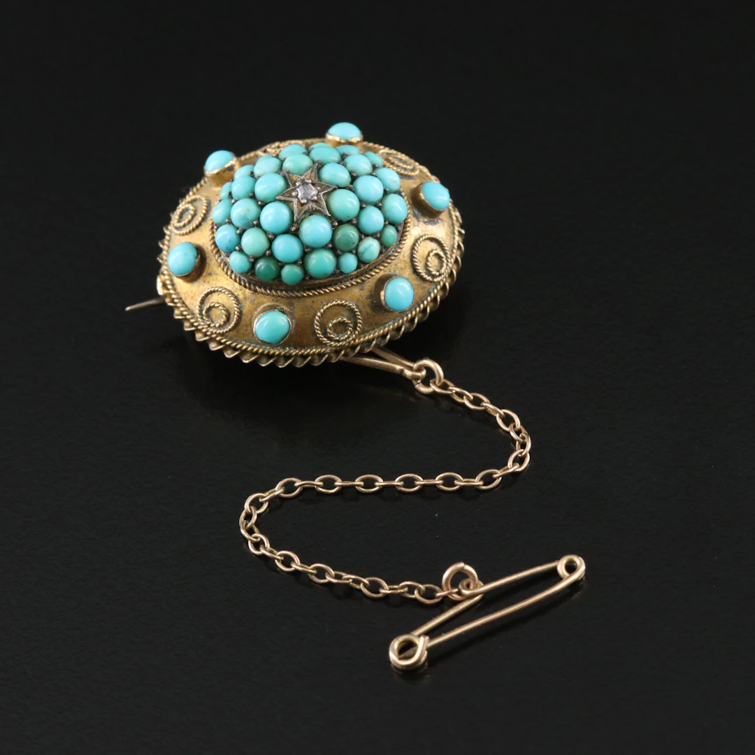 Victorian 14K Turquoise and Diamond Oval Cluster Brooch