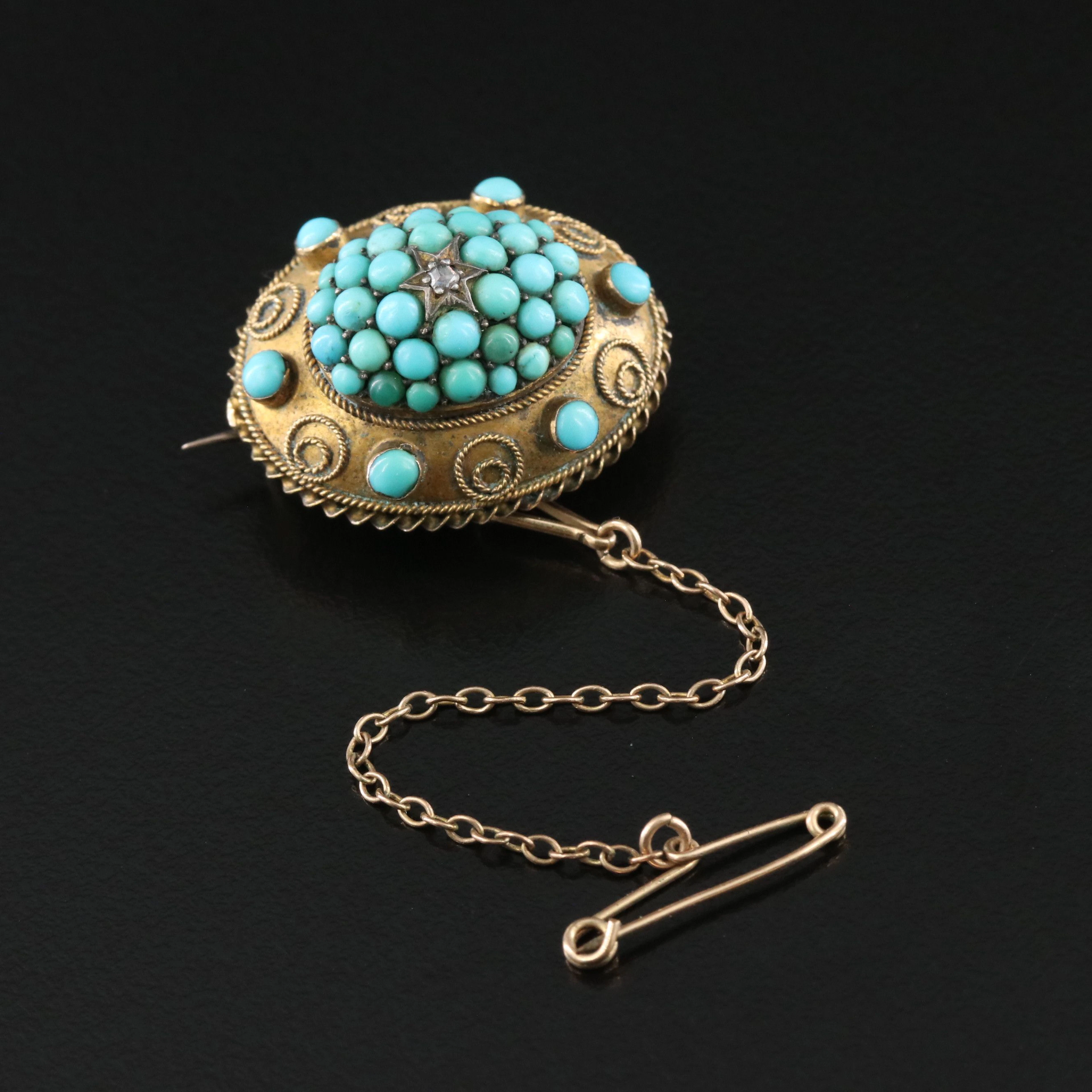 Victorian 14K Turquoise and Diamond Oval Cluster Brooch