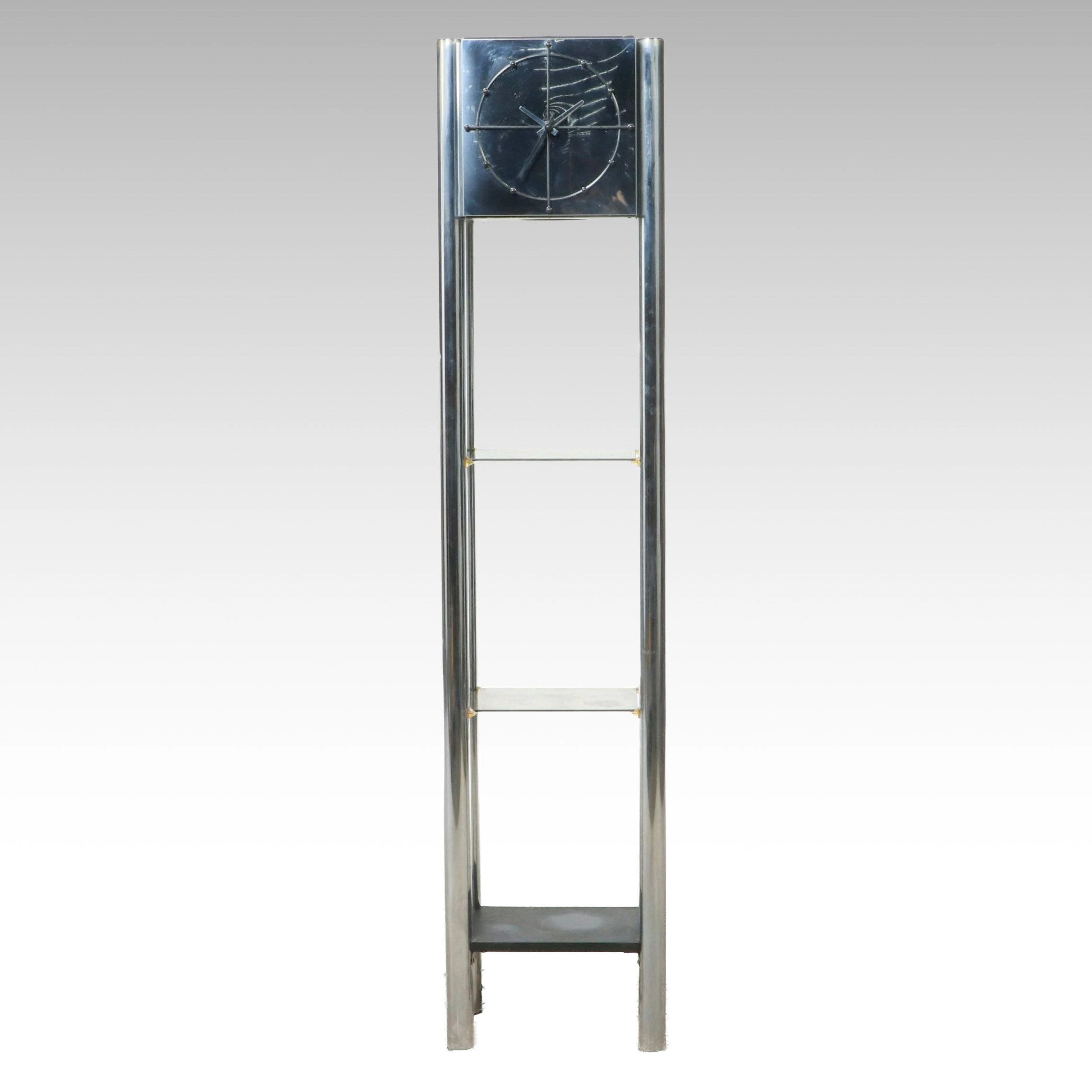 Mid Century Modern Chrome Floor Clock with Shelves