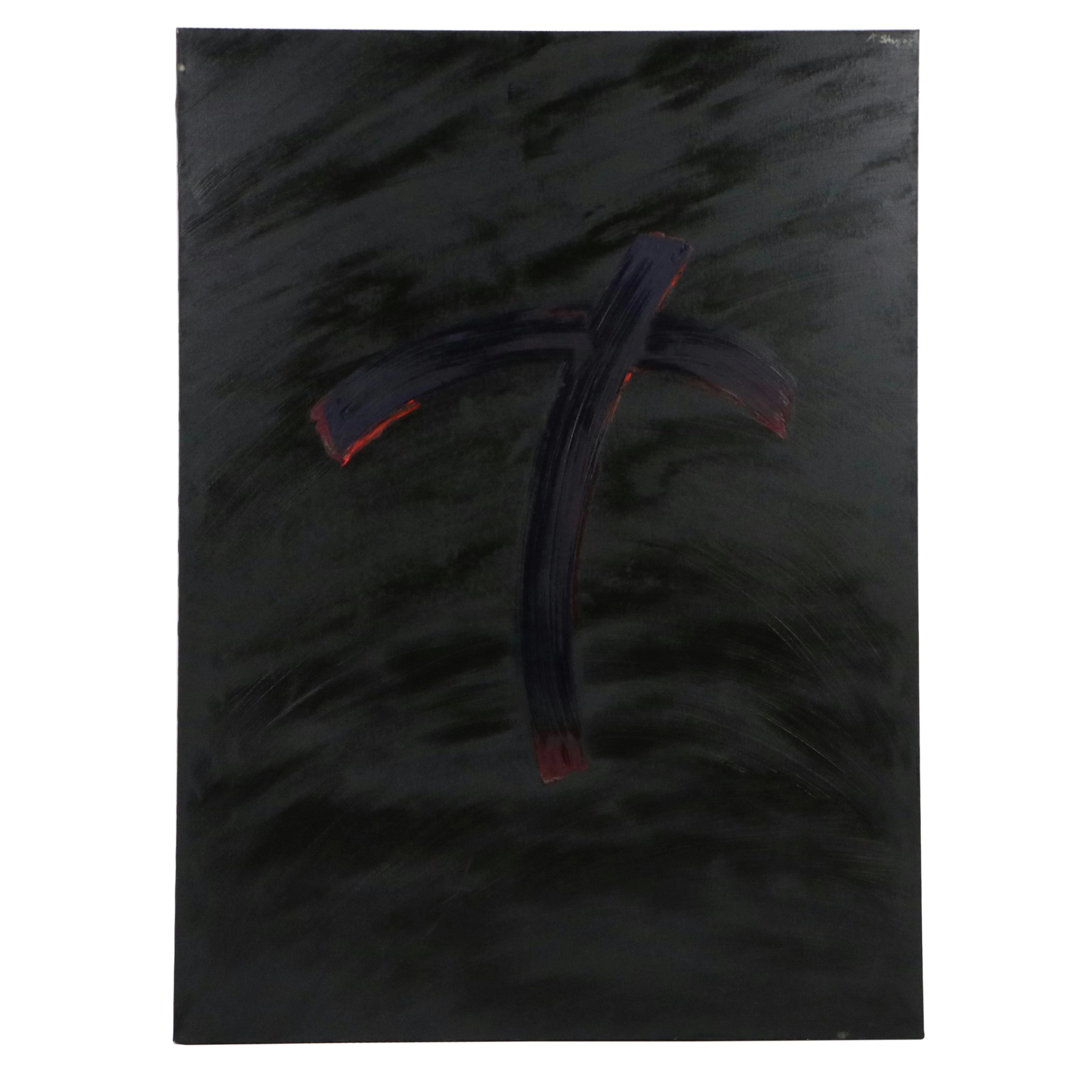 Kay Shuper Minimalist Black Abstract Oil Painting with Textured Lines