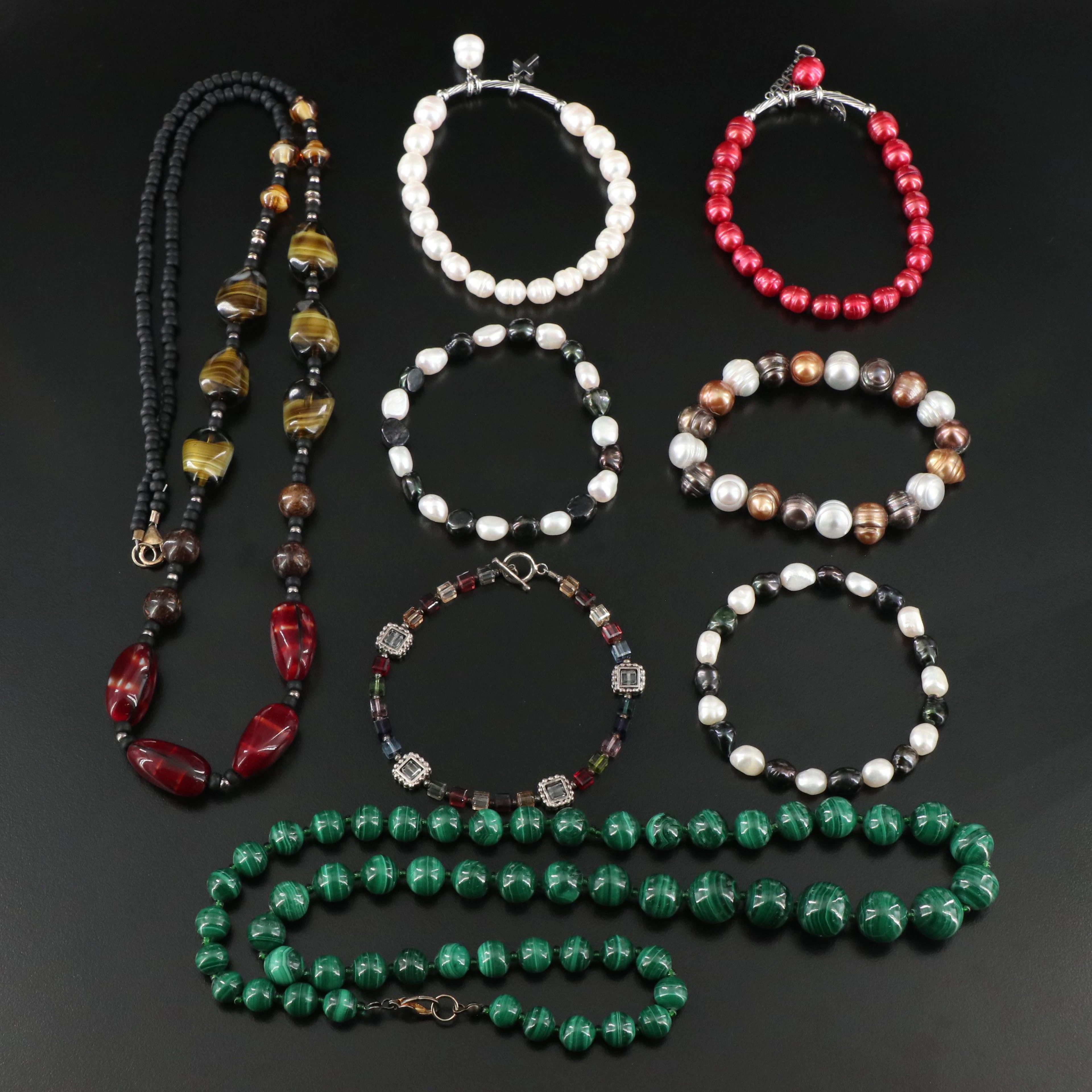 Malachite, Pearl and Sterling Featured in Necklaces and Bracelets