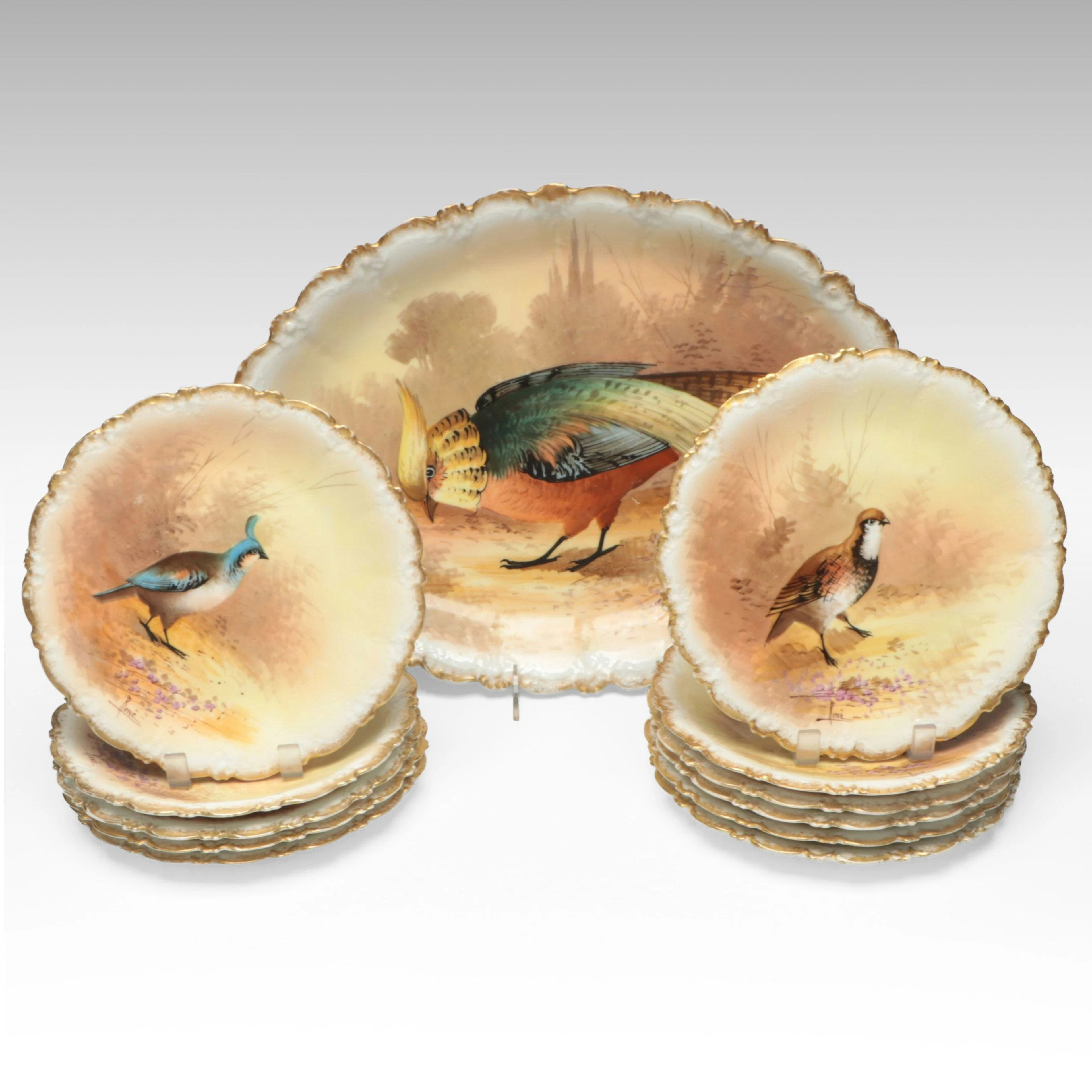French Coronet Limoges Hand-Painted Porcelain Bird Plates and Platter