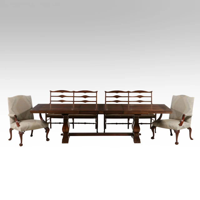 Five-Piece French Country Style Dining with Trestle Table and Bench Seating