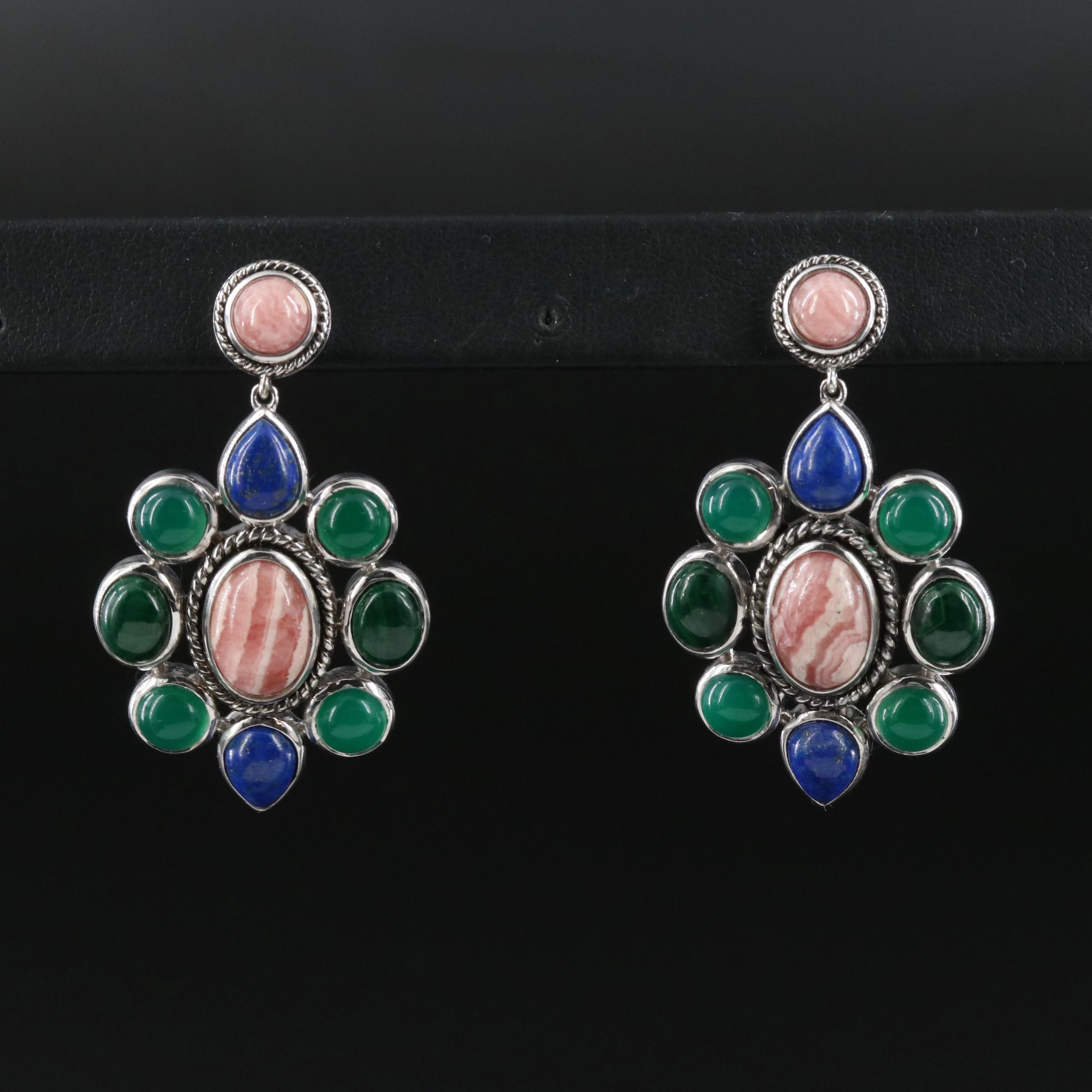 Sterling Drop Earrings with Rhodochrosite, Lapis Lazuli, and Chalcedony